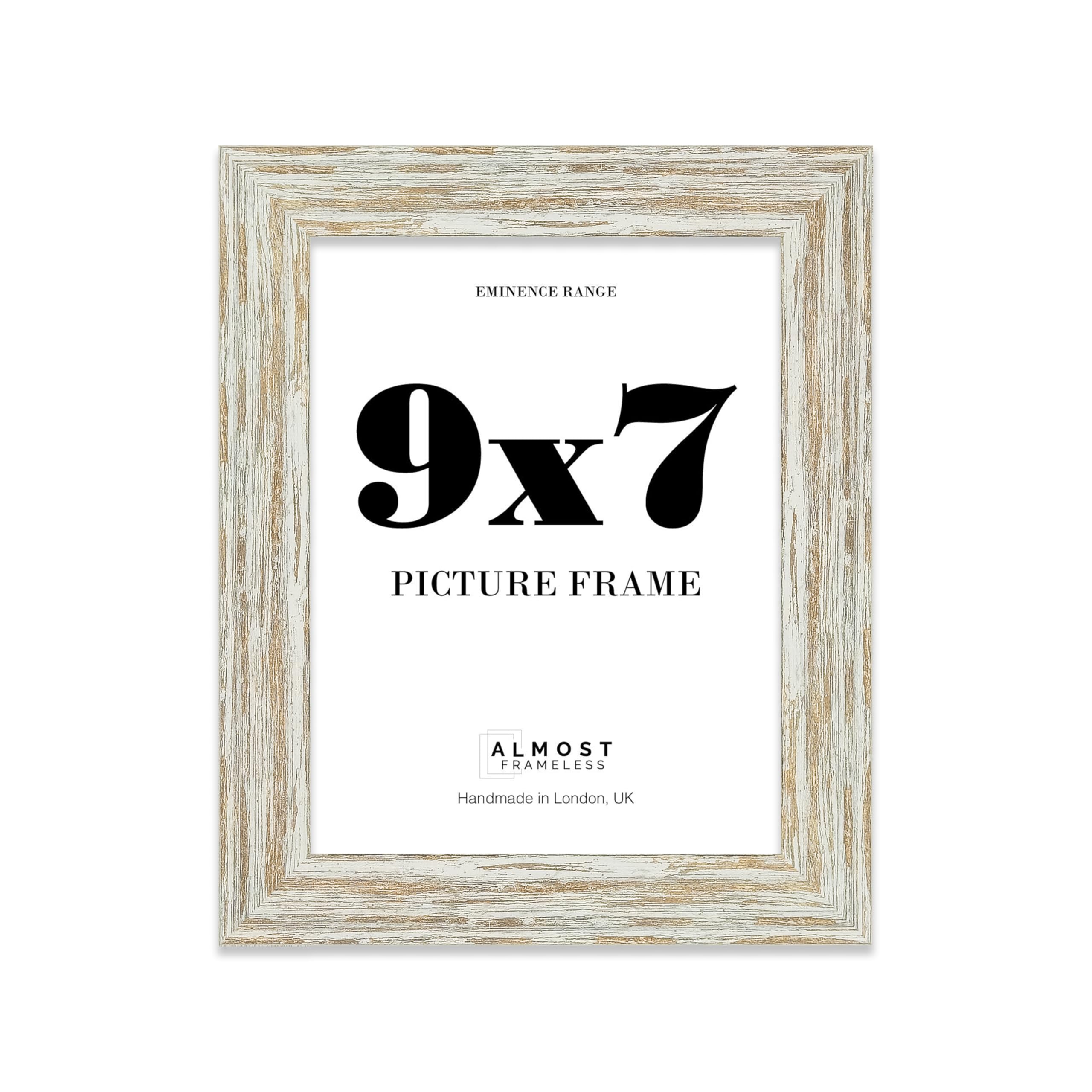9x7" Distressed White Oak Picture Frame - Rustic Wood Industrial Effect Photo Frame for Wall Display, Ideal for Posters, Prints & Home Décor, Wall Hooks and Kickstand, 32mm Edge - 1 Pack