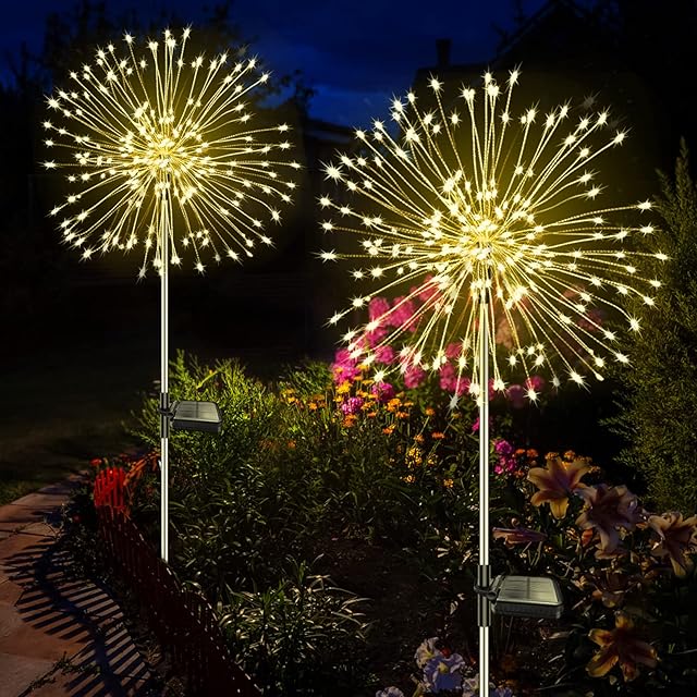 Liyade Liyade 2 Stück Solarstecker Gartenleuchten 120 LED Solar Gartenleuchten für Außen 8 Modi Solarleuchten Feuerwerk Pusteblume Solarl — Beleuchtung