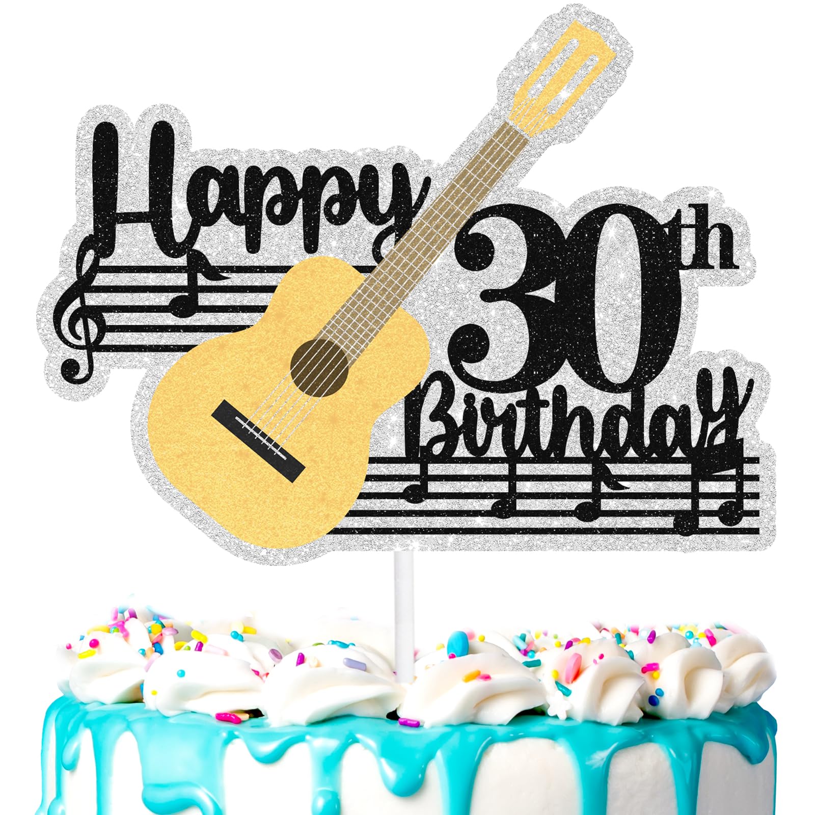 Guitar Cake Topper 30th Music Theme Happy Birthday Note Decoration, Birthday Party for Men and Women, Rock Guitar Party, Musician Party, Anniversary Decoration Supplies (30th)