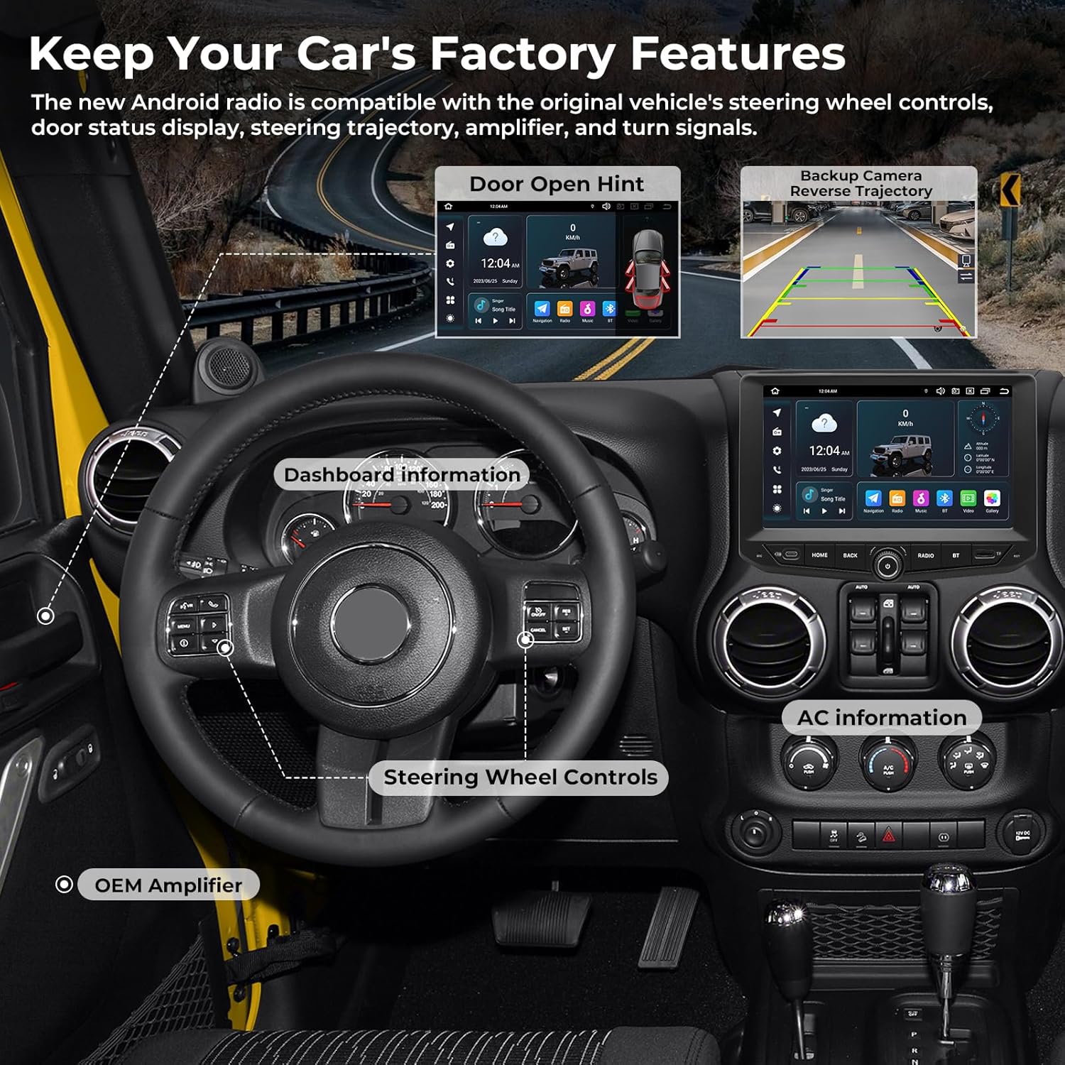 SWTNVIN 9" Car Radio Stereo for Jeep Wrangler JK 2011 2012 2013 2014 2015 2016 2017, Android 14 GPS 1280x720P IPS QLED Screen,CarPlay & Android Auto,4G LTE/5G WiFi, DTS, Octa-Core 8+128GB