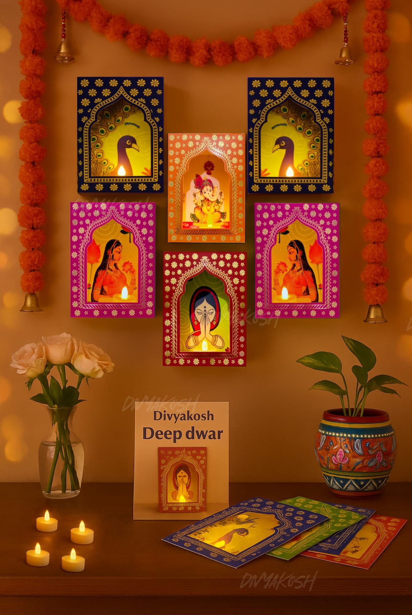 Divyakosh Paper Deep Dwar (Pack of 6) with LED Candles | Jharokha Style Home Décor Item, Ganpati Diwali Decor, Pooja/VaraMahalaxmi Decoration | Wall Decor, Stairs Decoration, Easy DIY Craft |