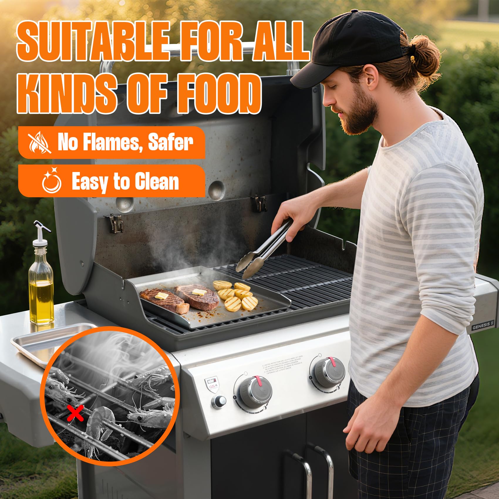 Onlyfire Plancha para parrilla de SUS304 acero inoxidable, para cocinar carne, pescado o cualquier otro alimento a la parrilla,para barbacoa de carbón, plancha, parrilla de gas y más,40x 30cm