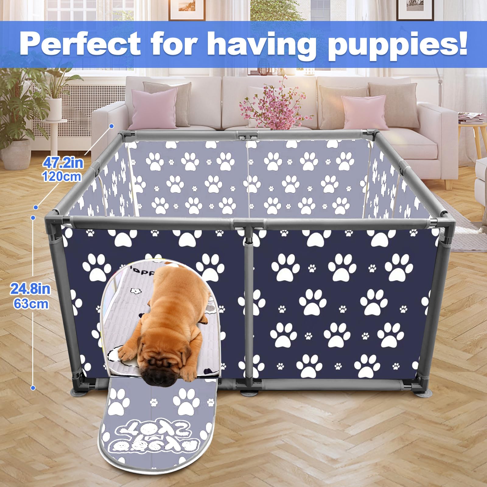 Scatola Quadrata per Cuccioli per Cani di Taglia Extra Alta, Recinto con Rivestimento per Cuccioli, Indispensabile per Cani, Cuccioli, Grandi e Piccole Razze, 120 x 120 x 63 cm