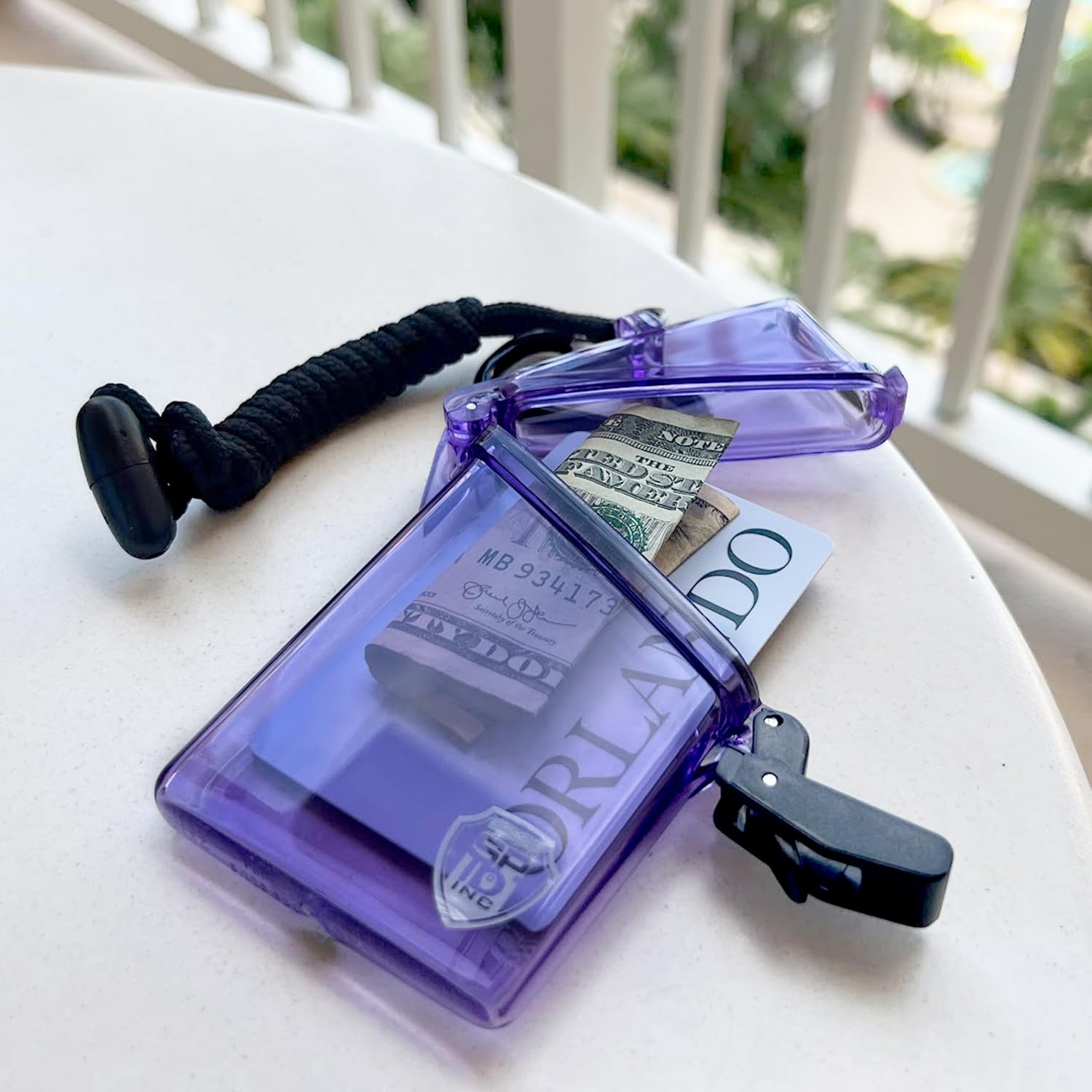 5 Pack - Waterproof ID Badge Holder with Lanyard & Clip - Money Holder for Swimming, Beach or Cruise - Clear Hard Plastic Water Proof Case for Key, Credit Cards & Travel by Specialist ID (Purple)