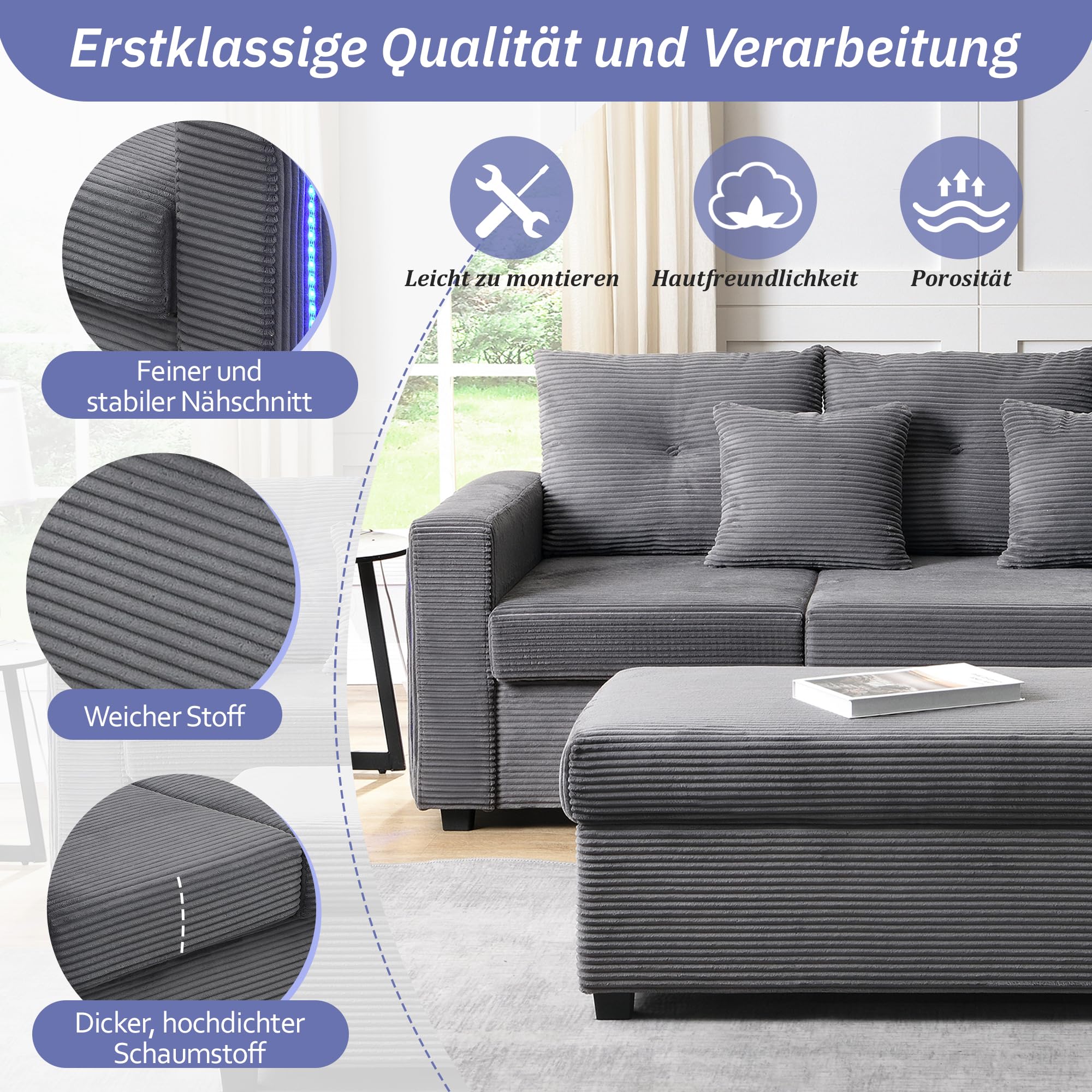 Divano angolare modulare a forma di L in tessuto a coste, divano con funzione letto, divano con illuminazione a LED, tasche laterali, sgabello regolabile e 2 cuscini, per soggiorno e camera da