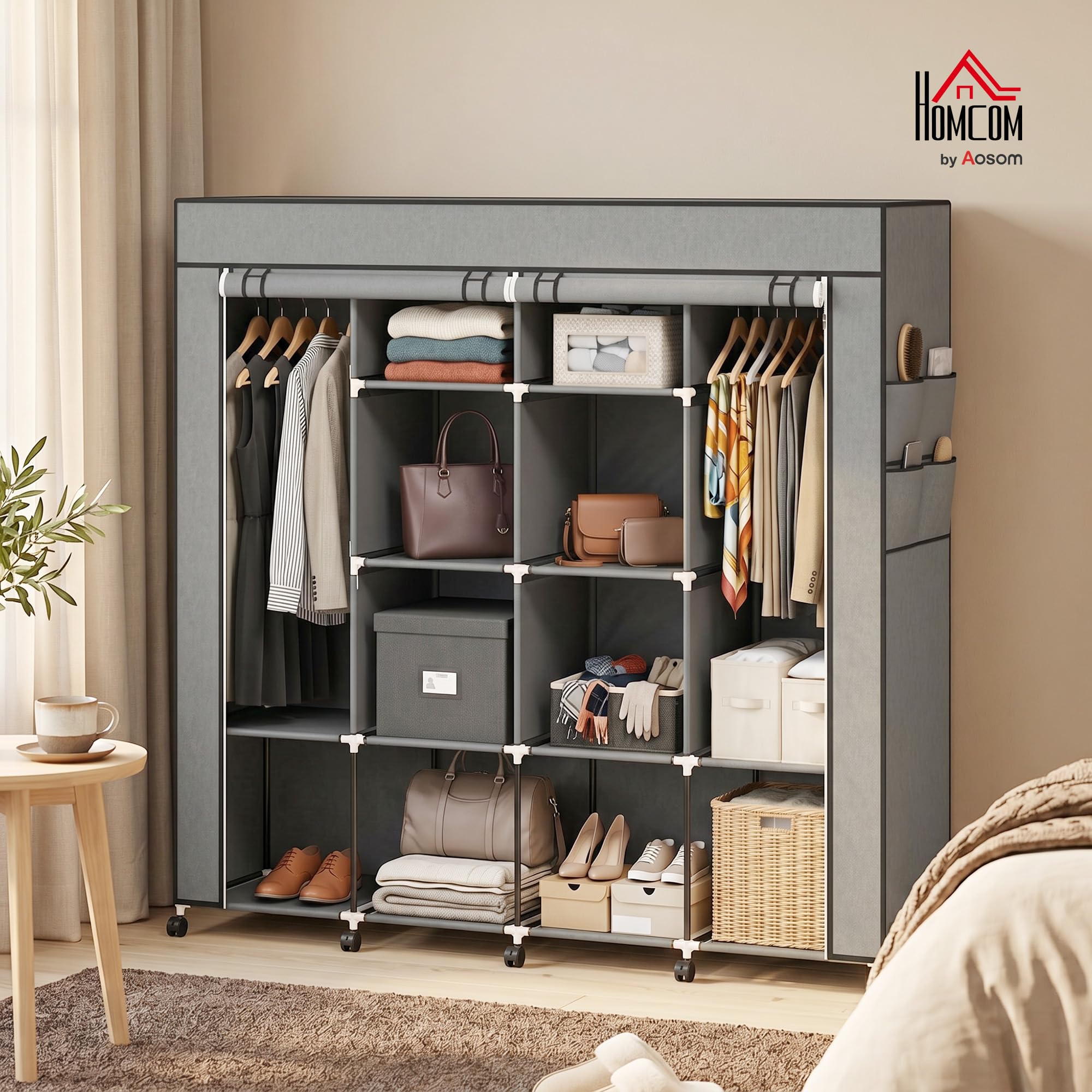 HOMCOM Armadio Portatile Guardaroba Ruote 166x42.5x167cm Grigio Scuro | Tessuto non Tessuto e Acciaio, 10 Scomparti, 2 Barre Appendiabiti, Ante a Cerniera