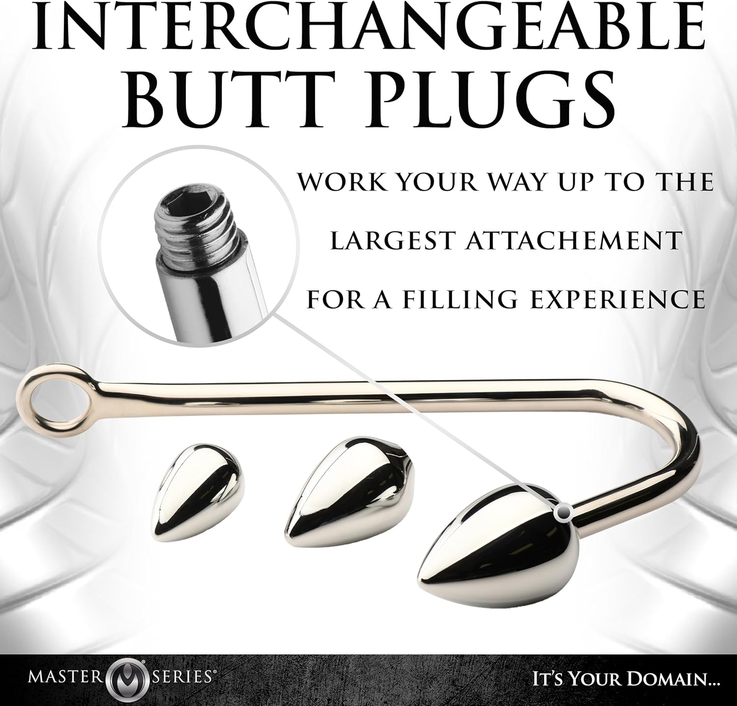 MASTER SERIES Anal Hook Trainer Anal Hook with 3 Plugs for Men, Women & Couples. Stainless Steel Hook, 3 Interchangeable Aluminum Alloy Plugs, Tapered for Easier Insertion. 4 Pieces, Grey