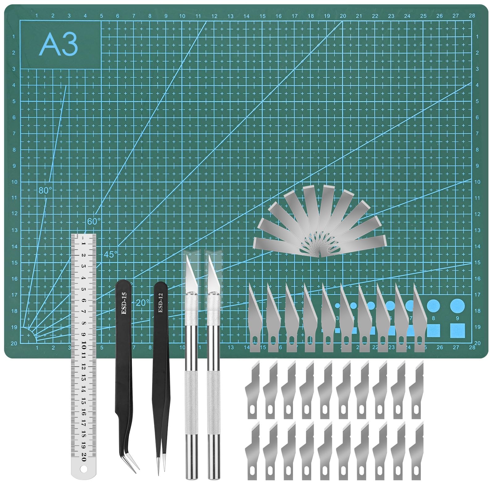 A4 Craft Cutting Tools Knife Set, Exacto Carving Knife Set Includes Cutting Mat, Stencil Knife, Steel Ruler Tweezers for Art Craft, Fabric,Quilting,Sewing,Scrapbooking Project