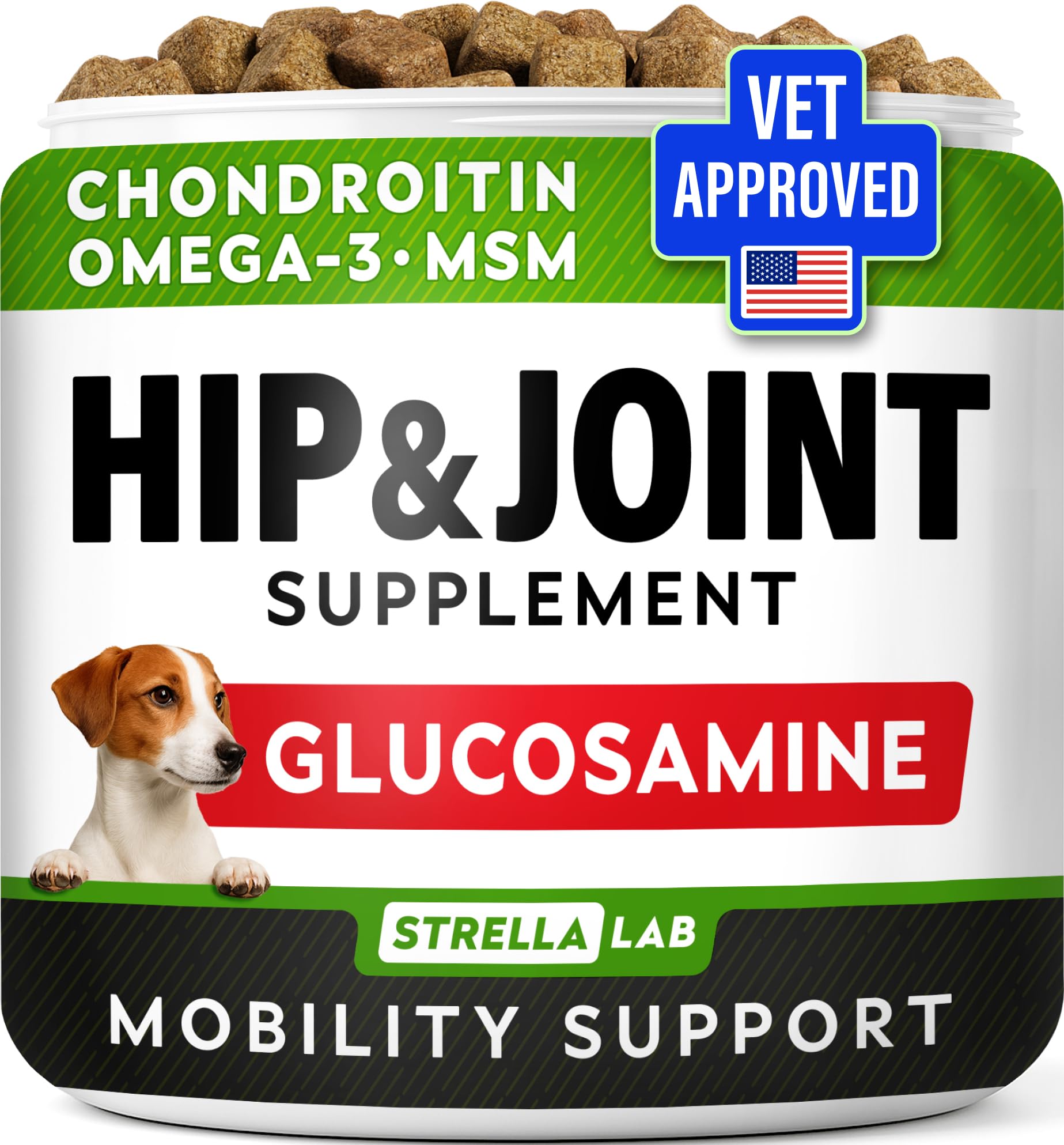 STRELLALAB Hip & Joint Glucosamine Supplement Treats for Dogs - Chondroitin, Omega-3, MSM - Advanced Joint Health Support Chews for Large Breed - Pain Relief - Bacon Flavor - 120 Ct - Made in USA