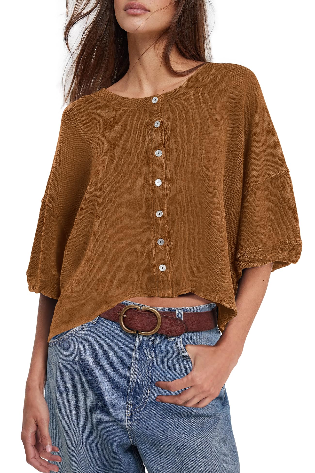 Yanekop Womens Button Up Cardigan Short Sleeve Cropped Cardigan Lightweight Sweater Jacket Oversized Button Down Shirts