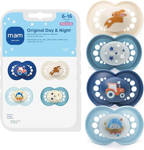 MAM Original Day & Night Baby Pacifier, Nipple Shape Helps Promote Healthy Oral Development, Glows in The Dark, 3 Pack, 6-16 Months, Boy,3 Count (Pack of 1)