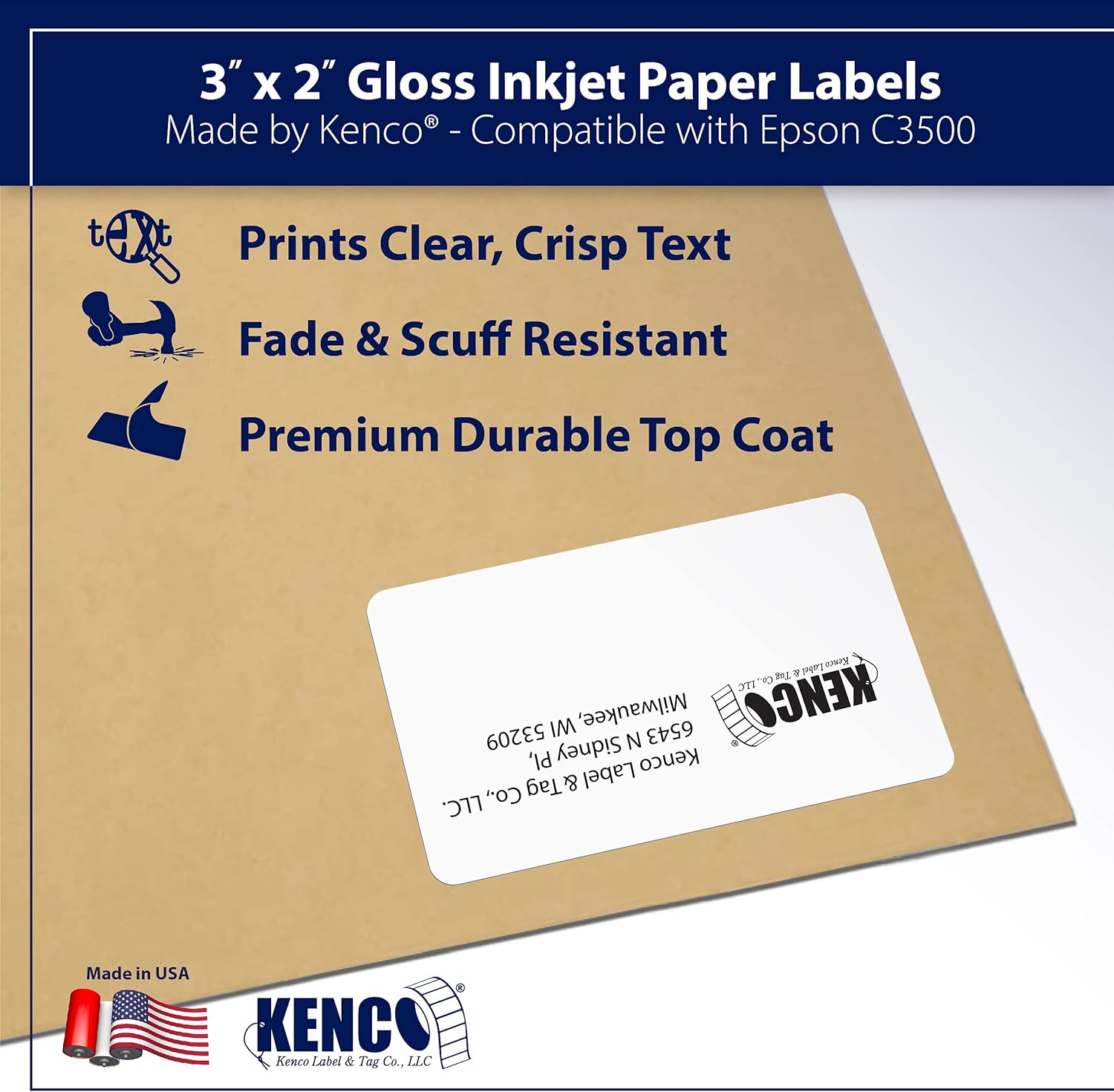 Kenco 3" X 2" Premium Inkjet Gloss Paper Labels, 540 Labels Per Roll - Compatible with Epson ColorWorks 3500 Series, Compatible with Epson C35GD004 Made by Kenco in the USA (1)