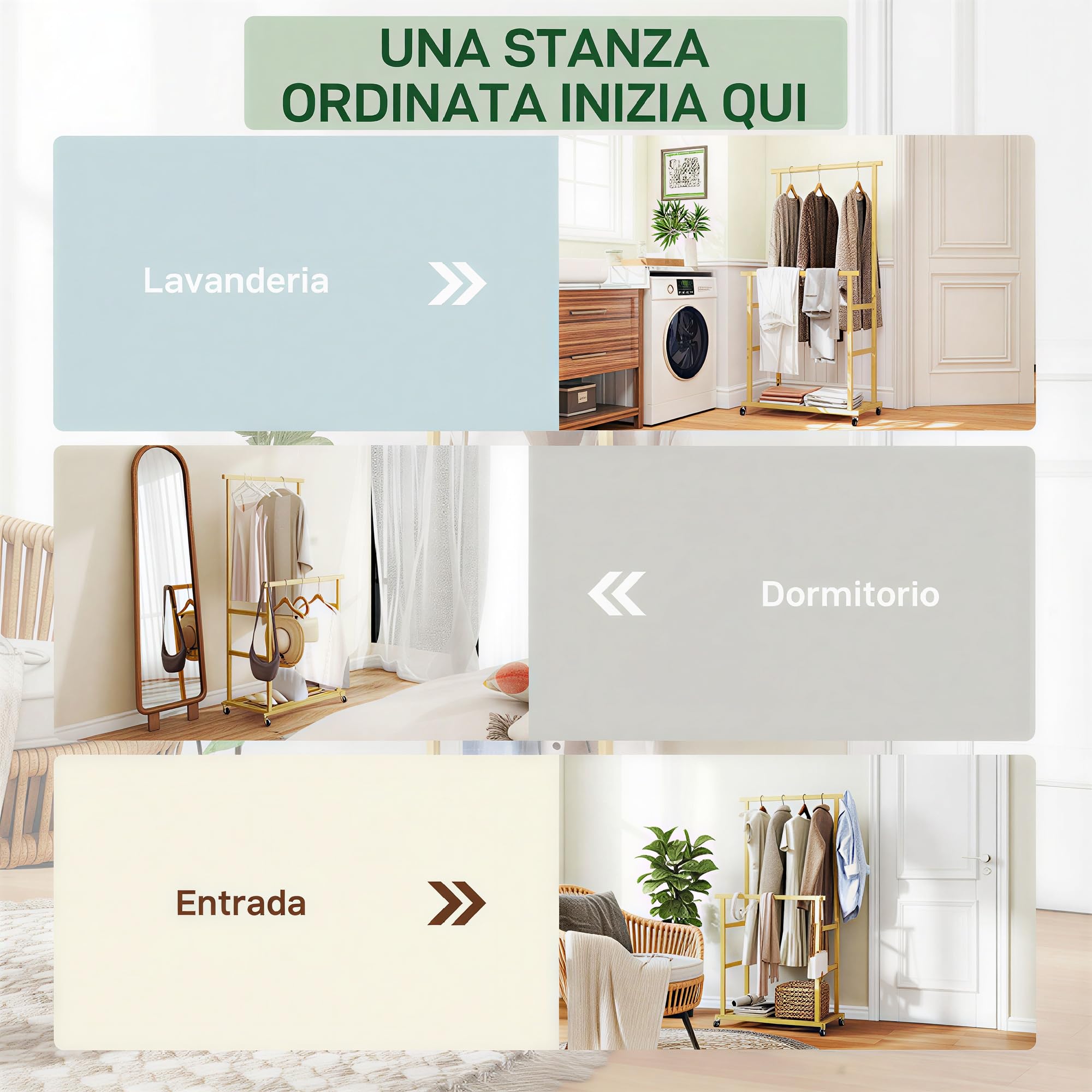 HOMCOM Stand Appendiabiti da Terra con 2 Barre e 4 Ruote Attaccapanni Salvaspazio con Ripiano Inferiore in Bambù per Camera da Letto Soggiorno 80x40x160 cm Legno Naturale