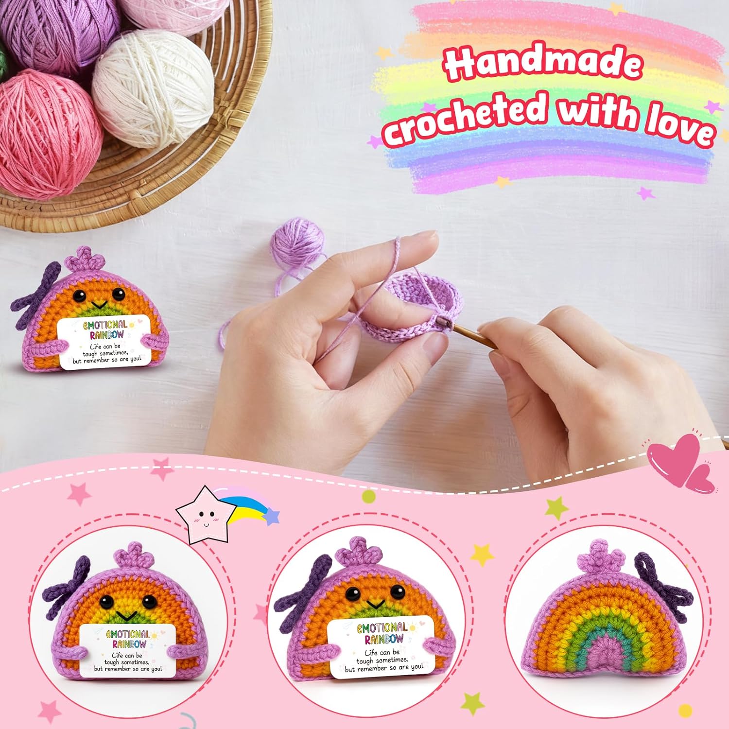 Handmade Positive Rainbow Crochet Doll with Card - Emotional Inspirational Support & Mental Health Gift for Women, Friend, Sister - Thinking of You Encouragement Present, Decor for Home & Office - Image 5