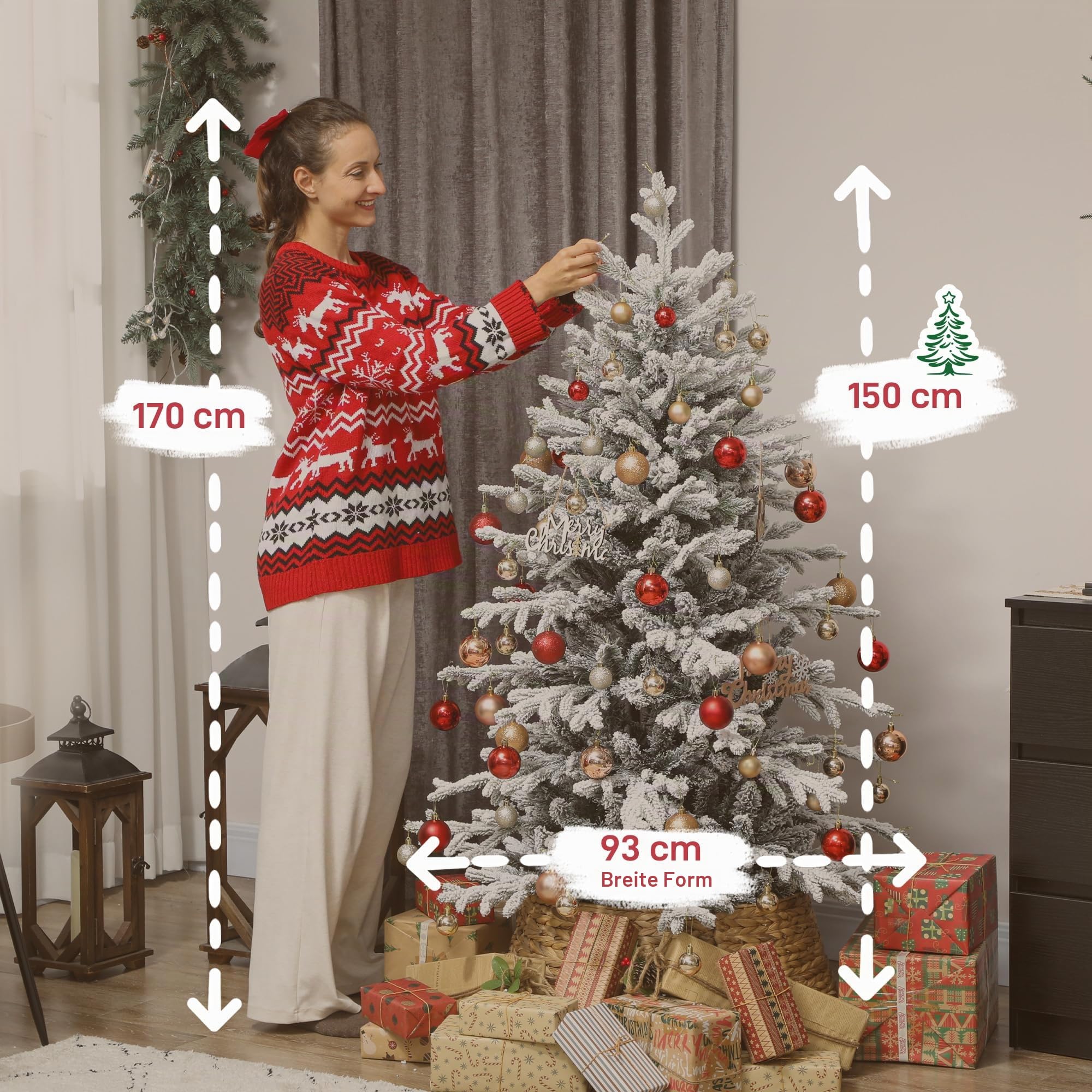 HOMCOM Künstlicher Weihnachtsbaum 150cm mit Schnee 1162 Zweigen Grün | Christbaum, Kiefernbaum mit Klappbarem Metallständer