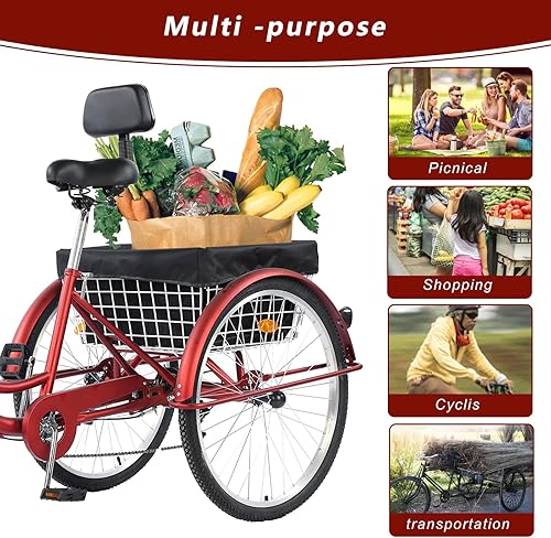 Vista 21 de Triciclo para adultos de 26 pulgadas, bicicleta de 7 velocidades y 3 ruedas para mujeres, hombres y personas mayores, triciclo de crucero con cesta