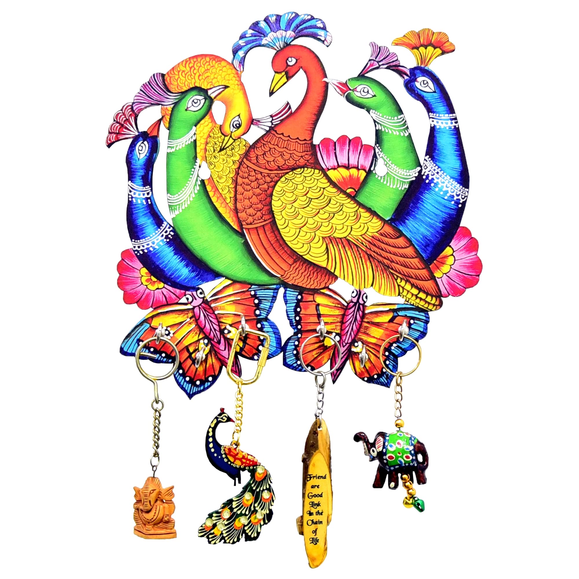 Webelkart Wysokiej jakości drewniany uchwyt na klucze z nadrukiem "Peacock Family" do dekoracji biura i biura | uchwyt na klucze do domu | paw uchwyt na klucze do domu (22,5 cm, 6 haczyków)