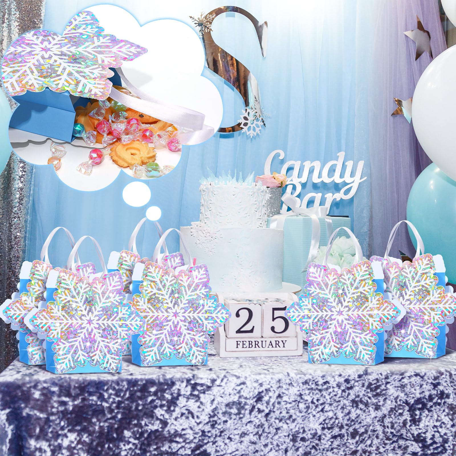 Kolldenn 24 Stück Weihnachts-Schneeflocken-Papiertüten, Winter-Geschenktüten, Prinzessinnen-Geschenktüten, Schneeflocken-Partygeschenke, Schneeflocken-Papiertüten, Süßigkeiten-Leckerli-Tüten für