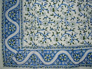 India Arts Hand Block Printed Floral Square Cotton Tablecloth 72" x 72" Blue