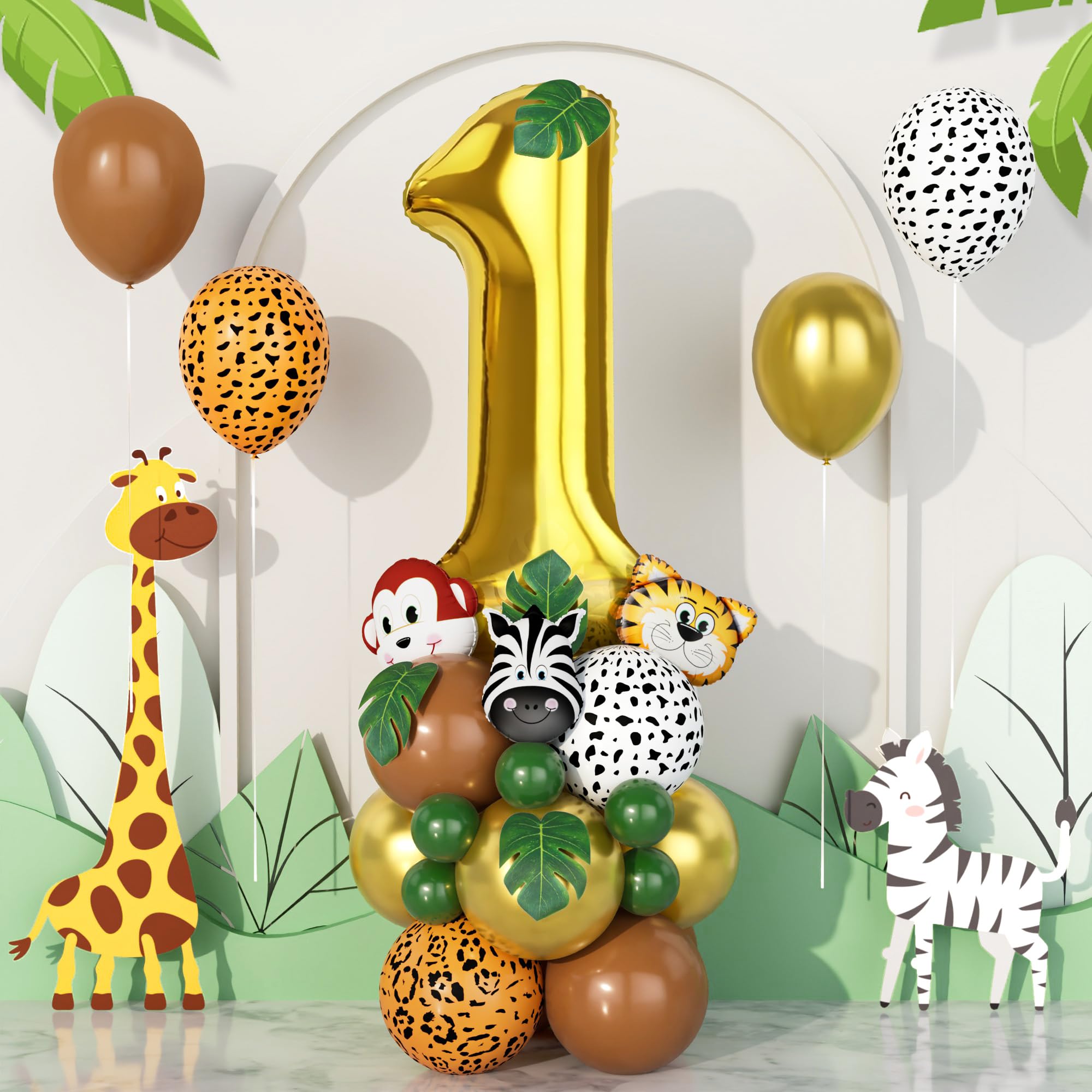 Jungle 1st Birthday Decorations Boys,40 Inch gold number 1 Balloons with Animal Foil Balloons and Jungle Safari Balloons for baby Boys Girls Birthday Party Decorations Baby Shower