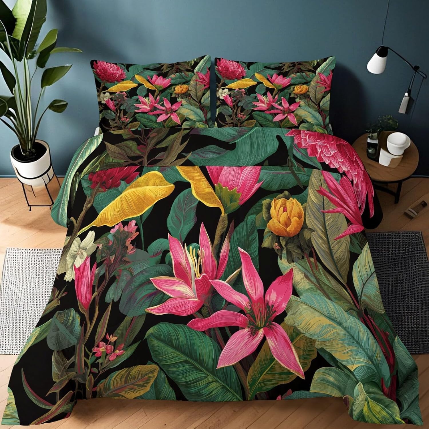 Couette 240x260 chaude fleurs tropicales rétro lavable avec 2 taies d'oreiller pour lit 2 personnes