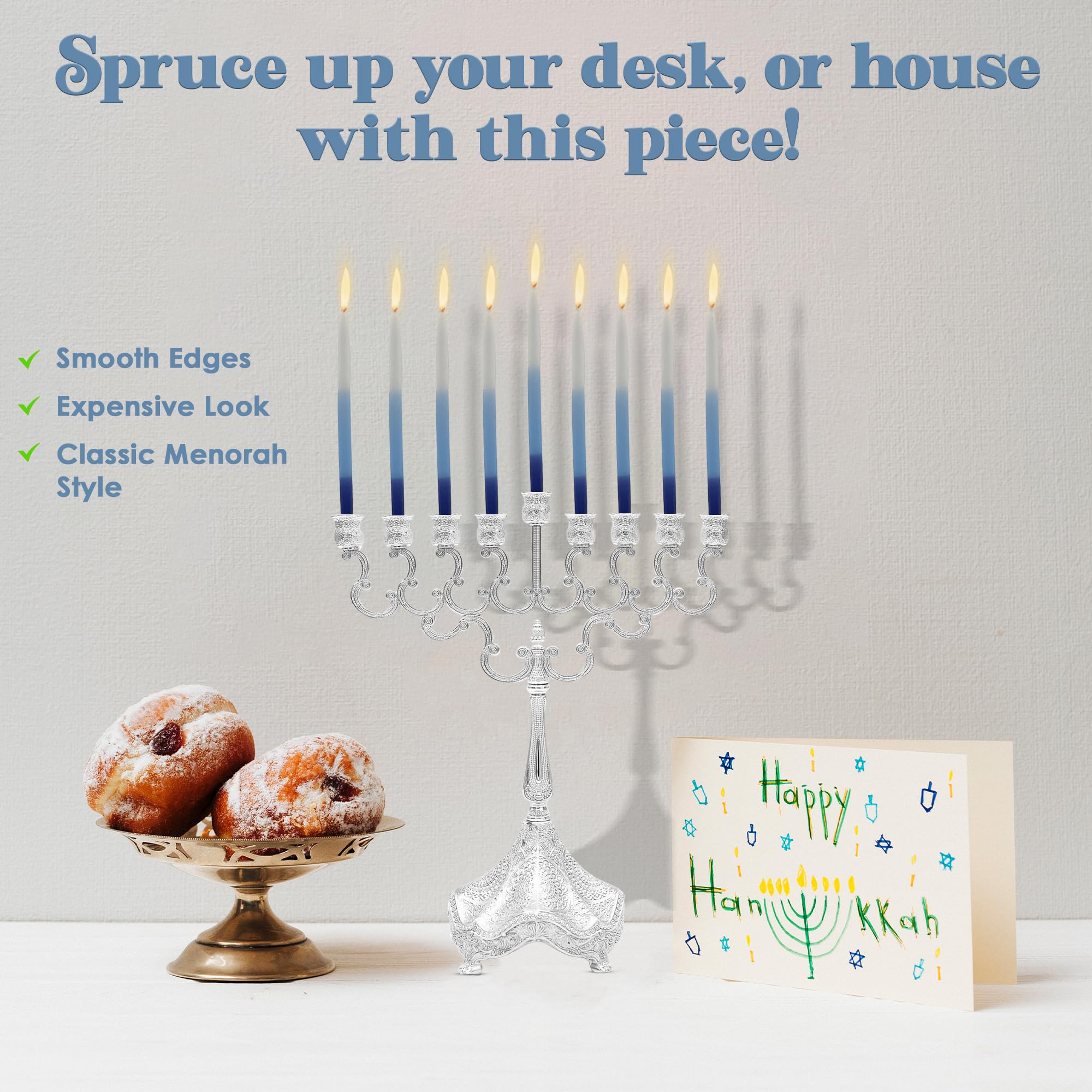 Silver Plated Hanukkah Menorah | 8.5" Tall Traditional 9-Branch Candelabra For Hanukkah Candles