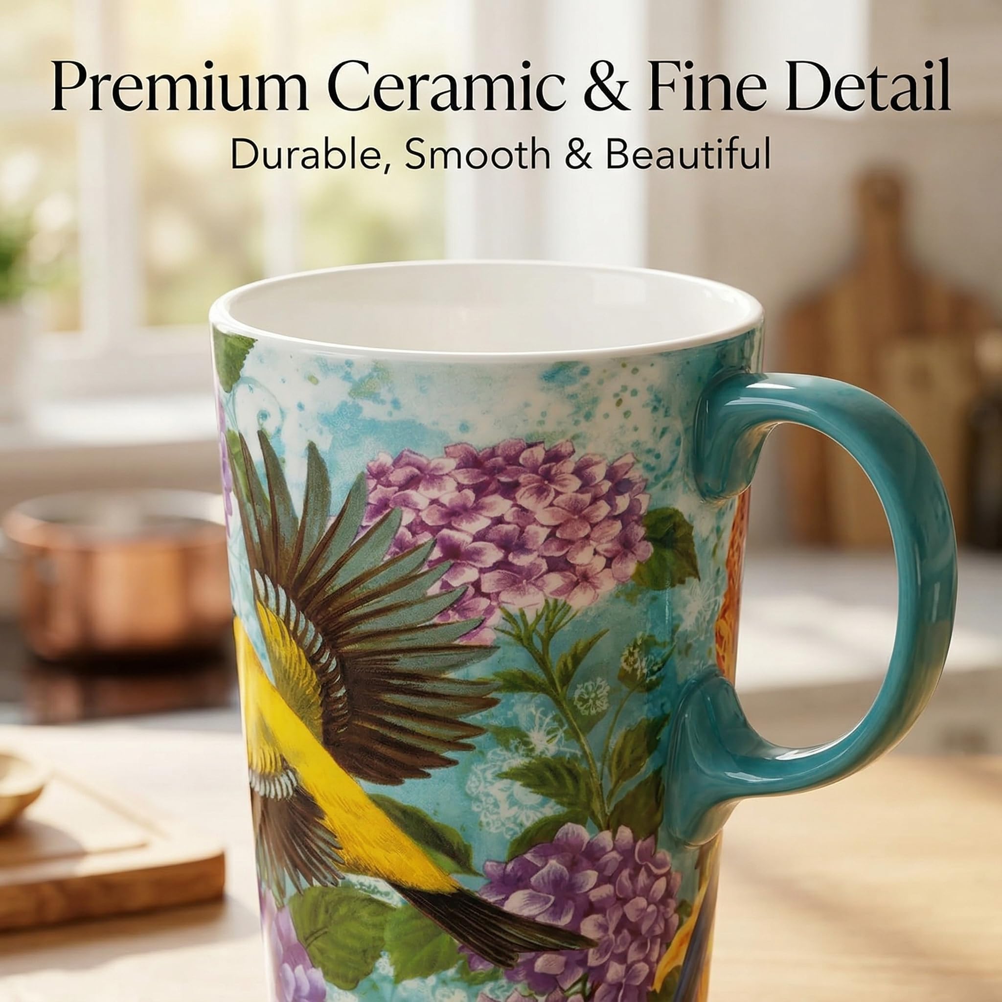 Taza de café de cerámica, juego de tazas de viaje de café con asa y tapa, taza de viaje para porcelana, 17 onzas, taza de té alta para el hogar y la oficina, taza con patrón artístico de colibrí