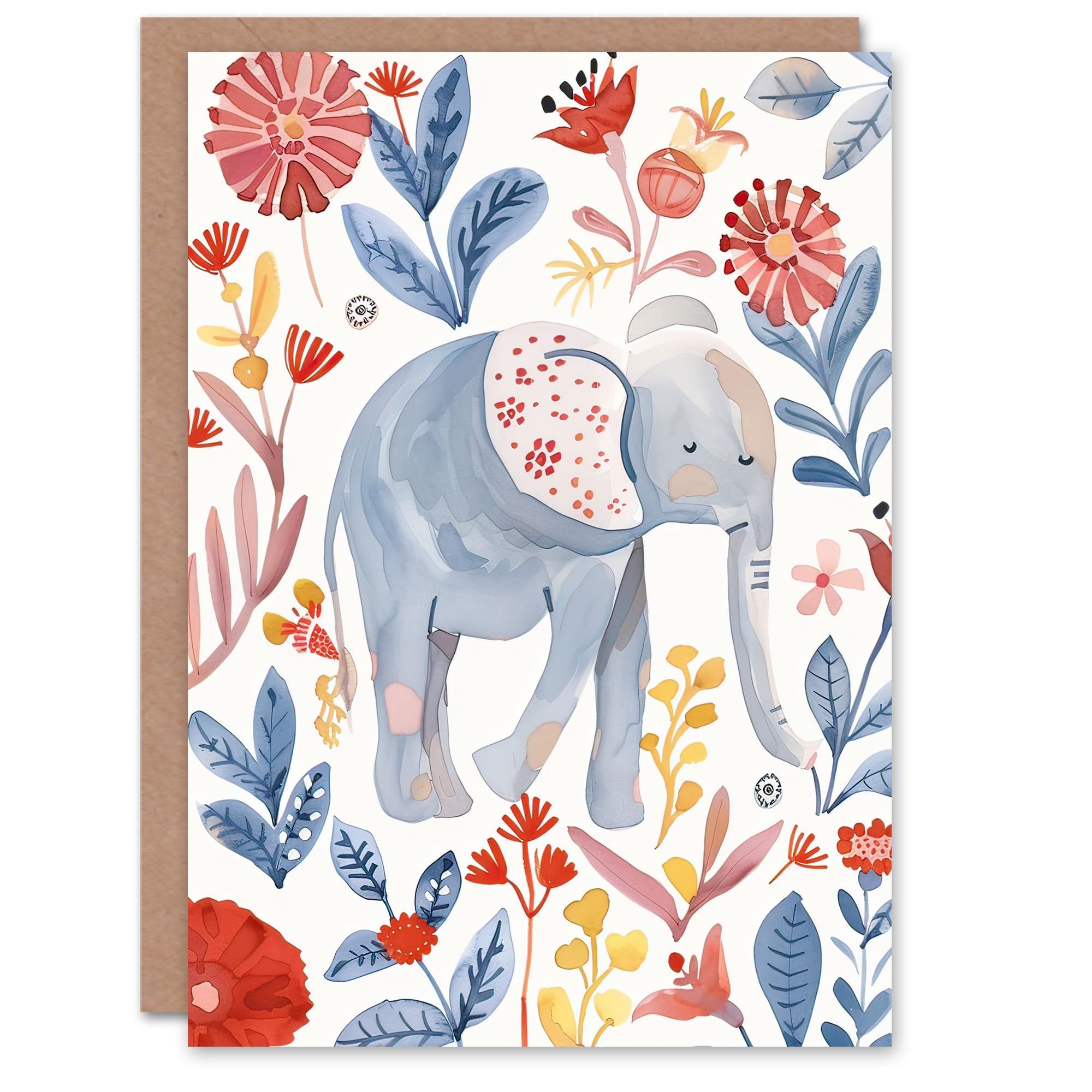 Artery8 Greeting Card Cute Baby Elephant Blue Red Floral Watercolour For Child Kids Birthday Card