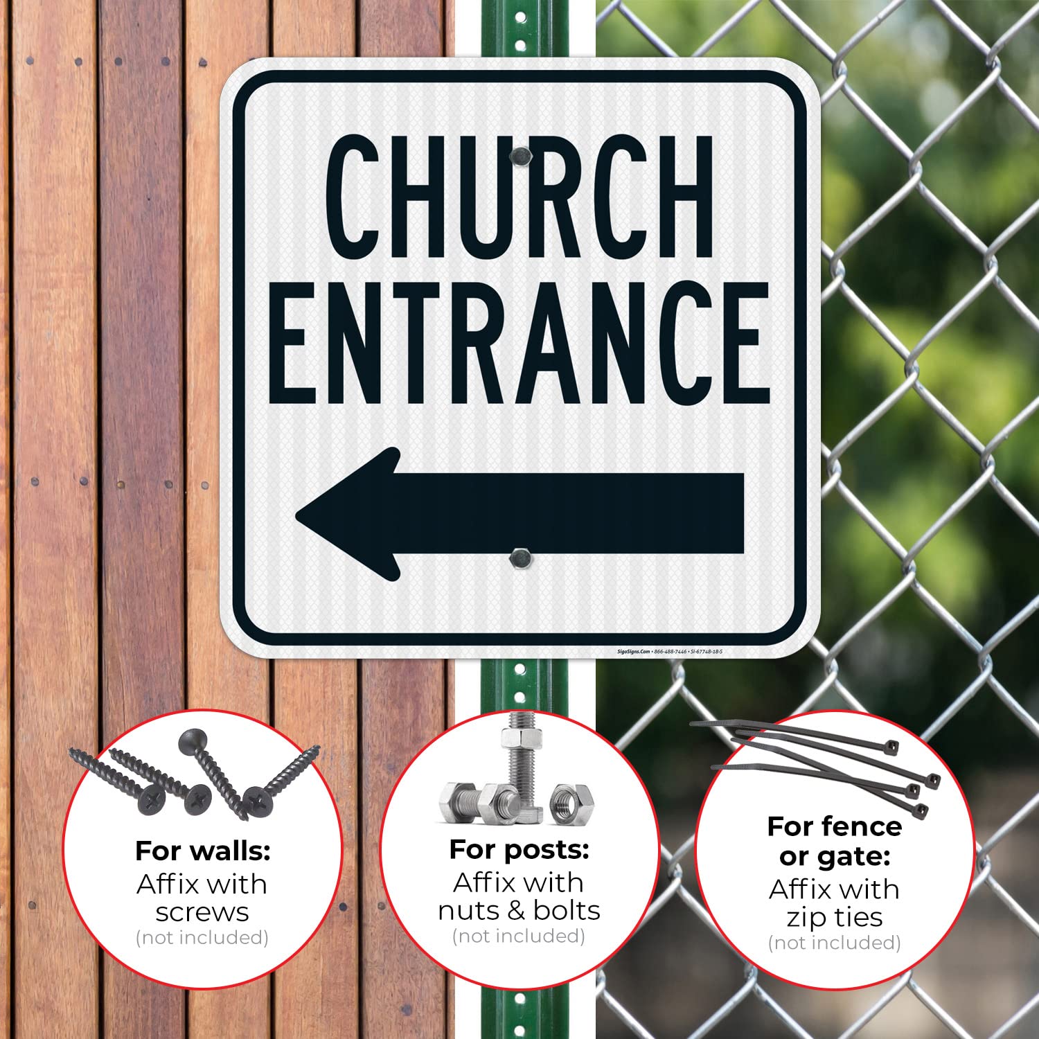 Church Entrance with Left Arrow Sign, 18x18 Inches, 3M EGP Reflective .063 Aluminum, Fade Resistant, Made in USA