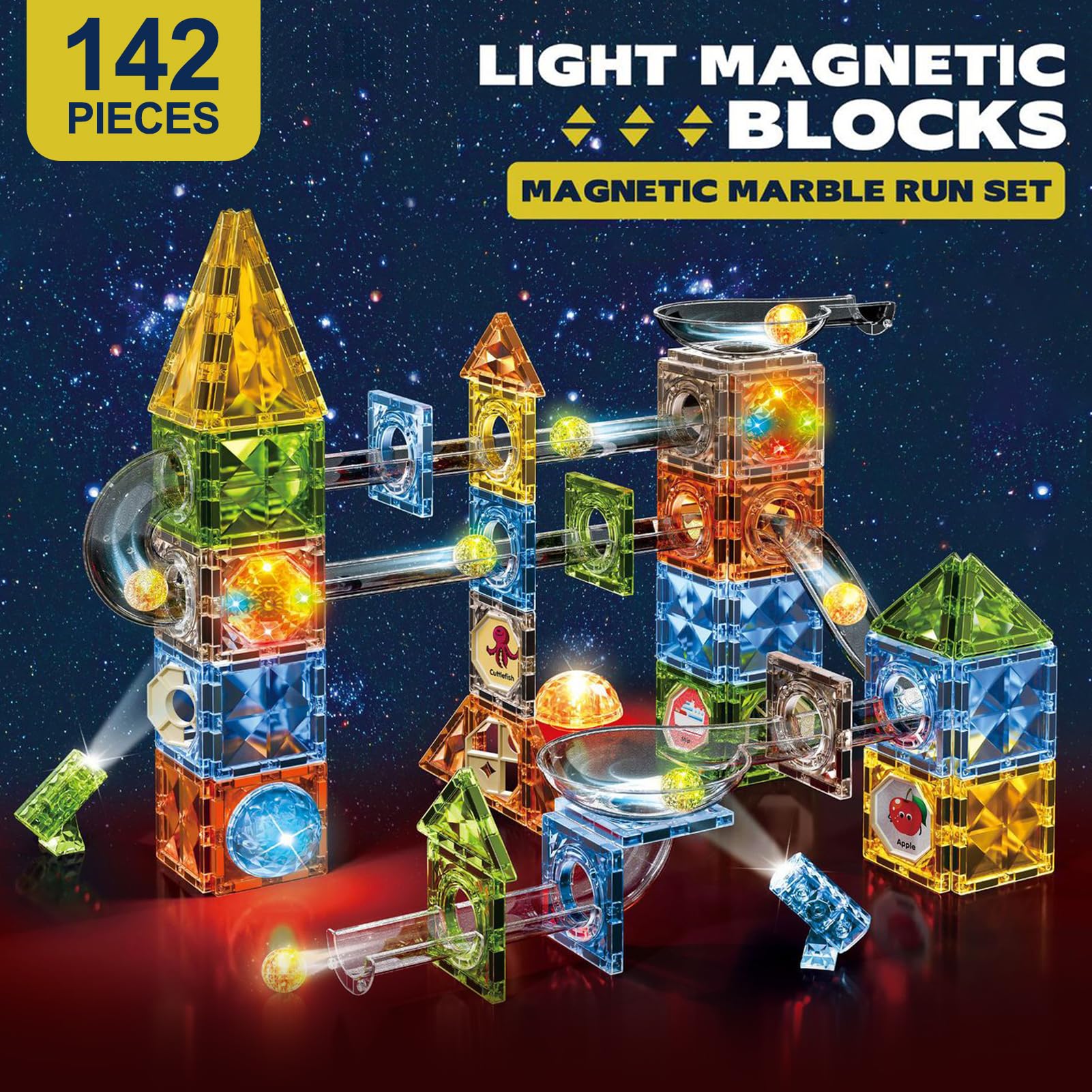 Dilhvy Magnetische bouwstenen 142 delen met magneet kogelbaan kleurrijk, Magna Tiles - Montessori constructiespeelgoed, beste kinderspeelgoed cadeaus voor jongens & meisjes vanaf 5 6 7 8 9 10 jaar