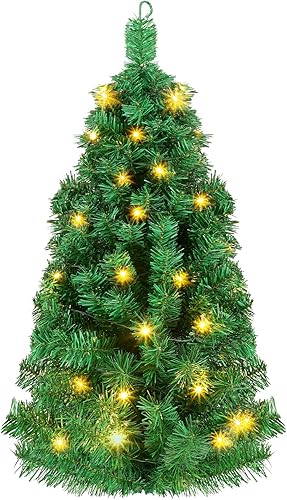 Poen 35 Inches Wall Mounted Christmas Tree - Artificial Xmas Tree with 50 LED Lights and Battery Case - Lighted Wall Decor for Home, Office,