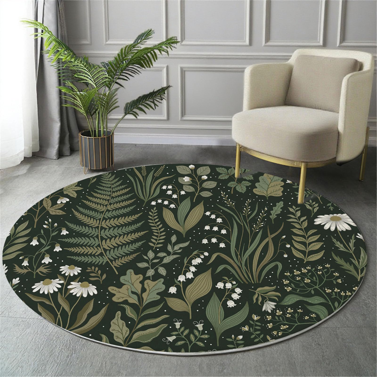 Tappeto Salotto Rotondo Grande Pelo Corto, Piante E Fiori Retrò Grandi Antiscivolo Tondo Moquette,Felci Margherite Bambini Camera,Domestica Decor Tappeti (Ø 120 cm,Verde Scuro)
