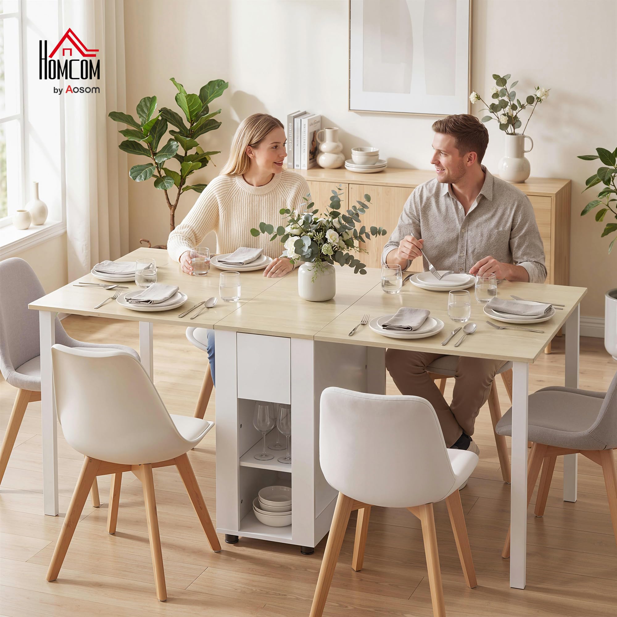 HOMCOM Table à Manger Pliante pour 6 Personnes 39-168 cm 2 Tiroirs Blanc | Table de Cuisine Rectangulaire, 2 Abattants, 4 Étagères Ouvertes, Pieds en Bois de Pin, Petit Espace, Salle à Manger