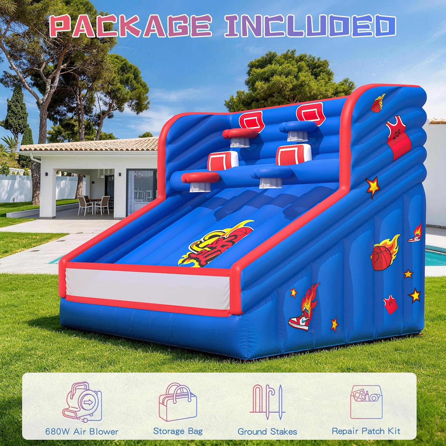 13x10x10FT Inflatable Basketball Shooting Game, Easy Setup w/ 5 Hoops, 680W Air Blower, Stakes, Carry Bag, 840D Oxford Cloth, Indoor/Outdoor Party Inflatables for Backyard, School Events