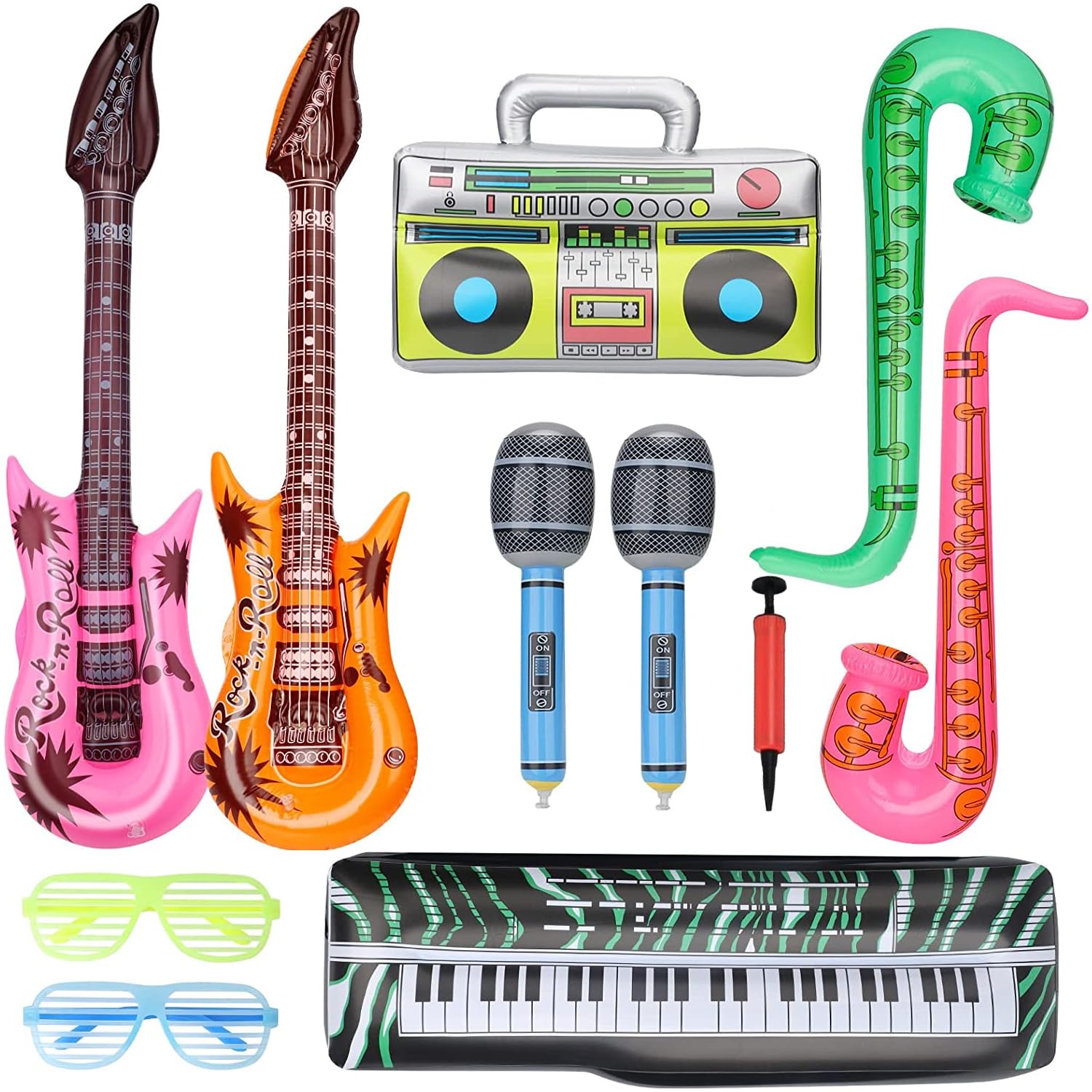 11PCS Inflatable Party Props,Photo Booth Props,Inflatable Guitars,Microphones,Party Poppers for Parties 80s Party Decoration,Inflatable Musical Instruments for Party,Disco Party Decorations
