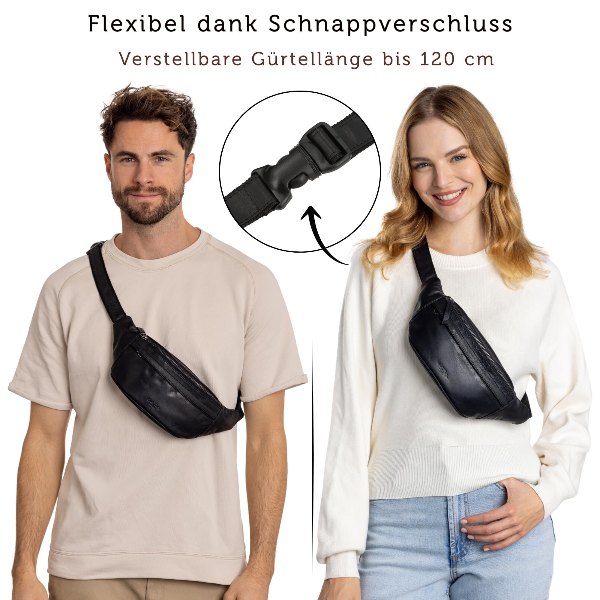 Gusti Bauchtasche Leder Schwarz – Hochwertige Gürteltasche Damen Herren, Verstellbarer Gurt, Viel Stauraum, Unisex Crossbody Bag, Bauchtasche Leder Schwarz Echtleder