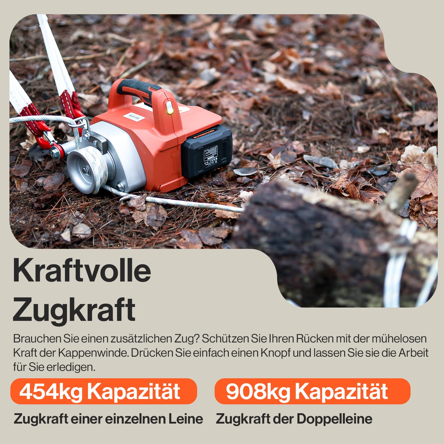 SuperHandy elektrische Spillwinde, 454–908 kg Zugkraft, Bürstenloser Motor | 48-V-Li-Ionen-Akku für kabellosen Einsatz; kompakt und mobil für Forst, Jagd, Gartenarbeiten und anspruchsvolles Gelände