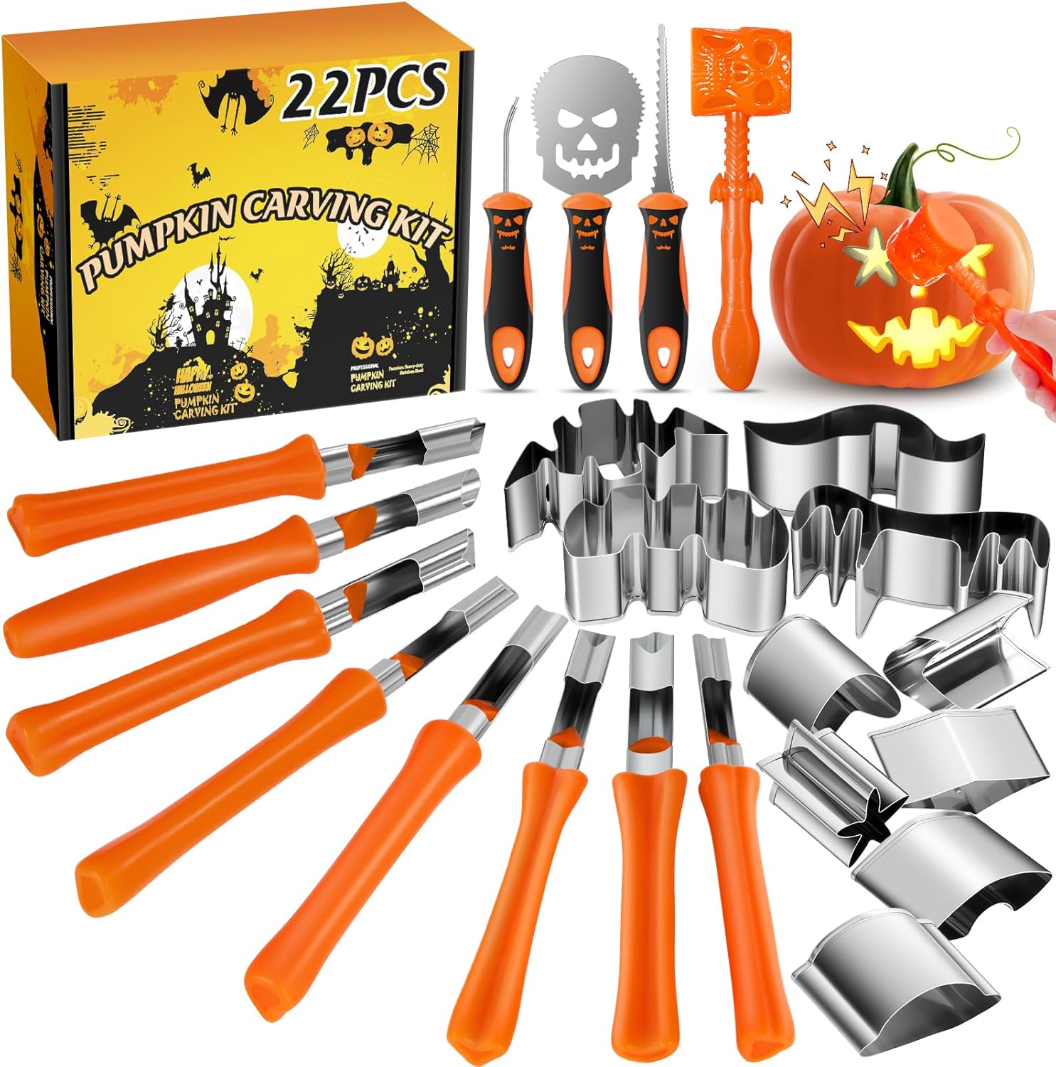 Pumpkin Carving Kit Halloween, 22 PCS Safe and Easy Pumpkin Carving Tools for Kids, DIY Stainless Steel Pumpkin Carving Set for Halloween Decoration Jack-O-Lanterns, Gift for Halloween(With Hammer) Orange