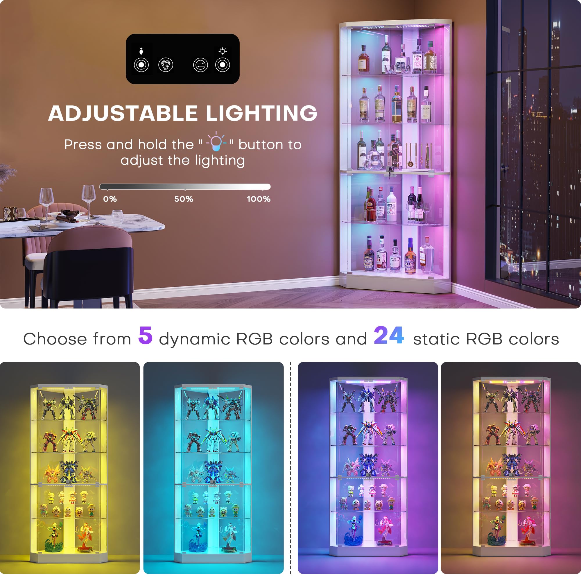 175 CM Vitrina de Esquina - con RGB Color de Luces y Sensor de Movimiento para Estar,Vitrina de Cristal con 3 Estantes Ajustables&5 Capas para Salón,Expositora para Coleccionista,Blanco