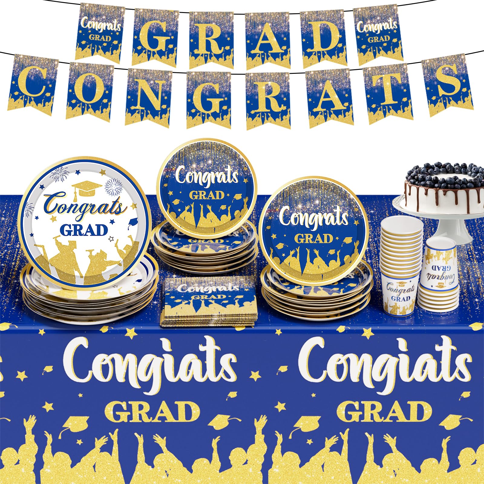 2026 Graduation Party Decorations, Blue Graduation Party Supplies Disposable Paper Plates Napkins Cups Tablecloth Banner Dinnerware Set for Congrats