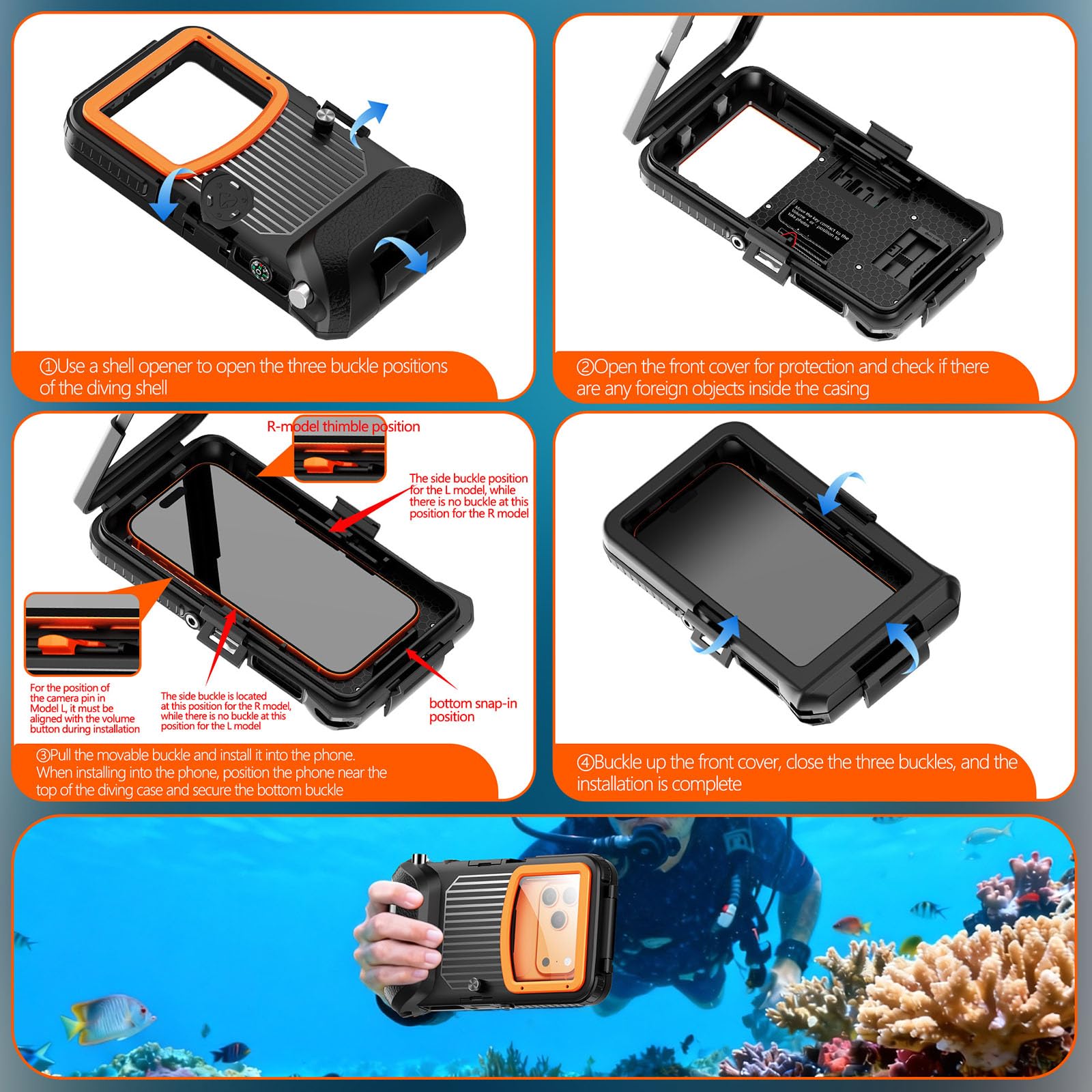 Funda de teléfono de color brillante con cierre reforzado y protección contra líquidos que garantiza una acción segura bajo el agua de 50 pies durante actividades marinas buceando