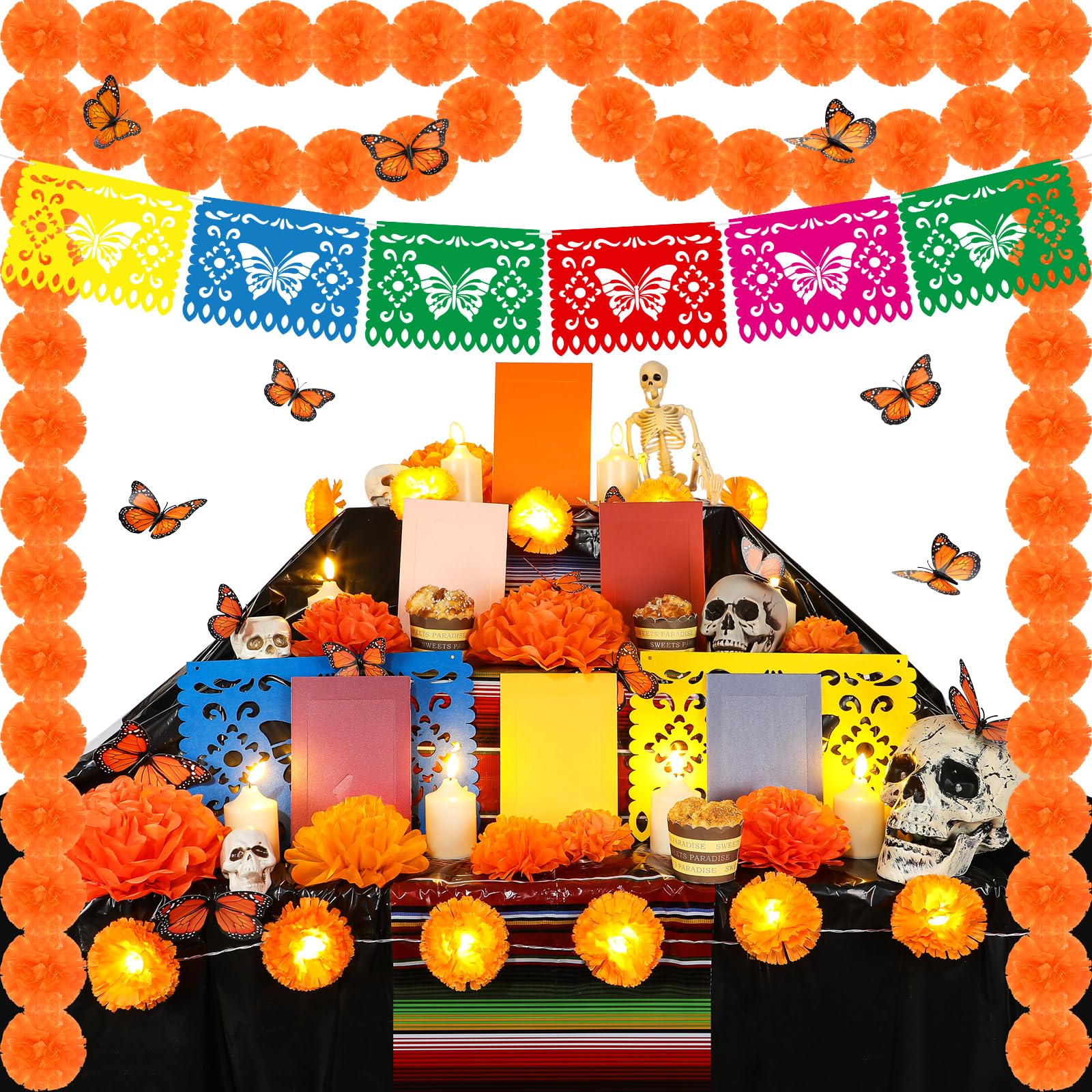 Norme 63 Pcs Day of the Dead Altar Decorations Bulk Kit Include 1 Marigold Garland 2 Led Garland 6 Photo Frames 30 Paper Flower 18 Butterfly 1 Tablecloth 4 LED Candle 1 Banner for Dia De Muertos Altar