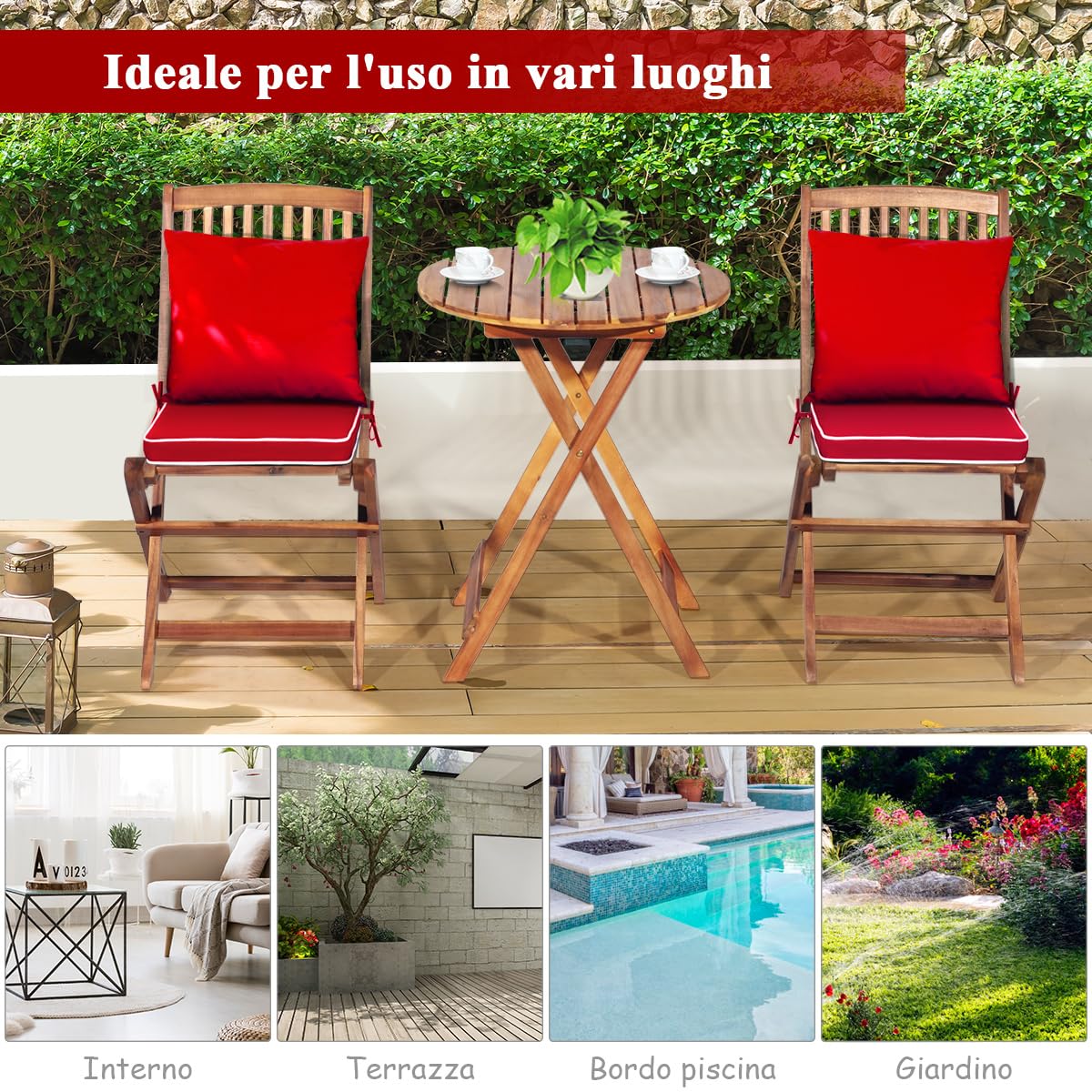 COSTWAY Set Tavolino e Sedie da Girdino Pieghevole, Set da Bistro 3 Pezzi in Legno di Acacia, con Cuscino, Set di Mobili da Esterno, Tavolino Portato 80kg, Sedie Portate 160kg (Cuscino Rosso)