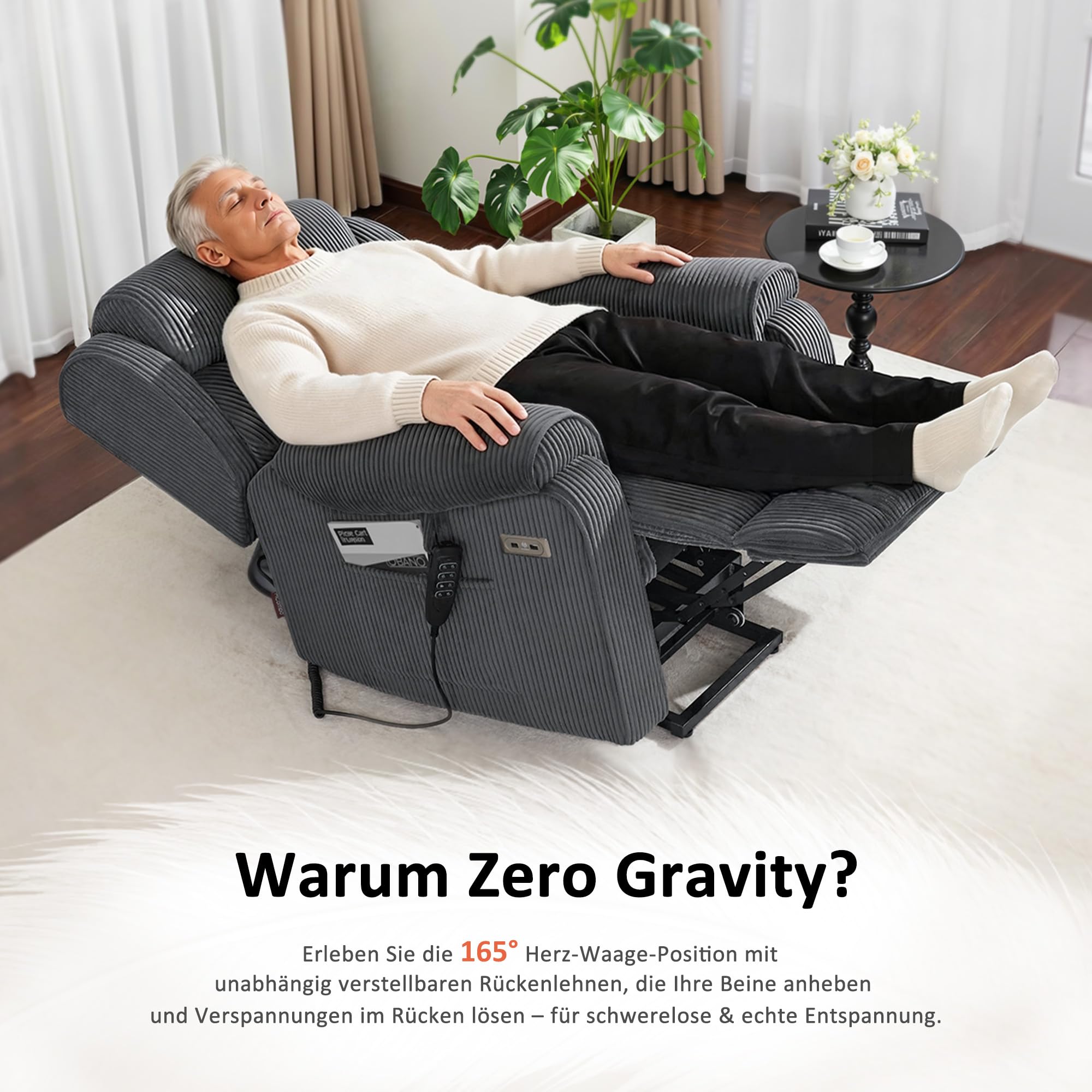 M MCombo 4-Motoren-Fernsehsessel mit Aufstehhilfe Elektrisch, Elektrische Lenden- & Kopfstütze 165°Zero-Gravity Sessel mit Aufstehhilfe, Massage & Heizung 7558 (Dunkelgrau-Stoff)