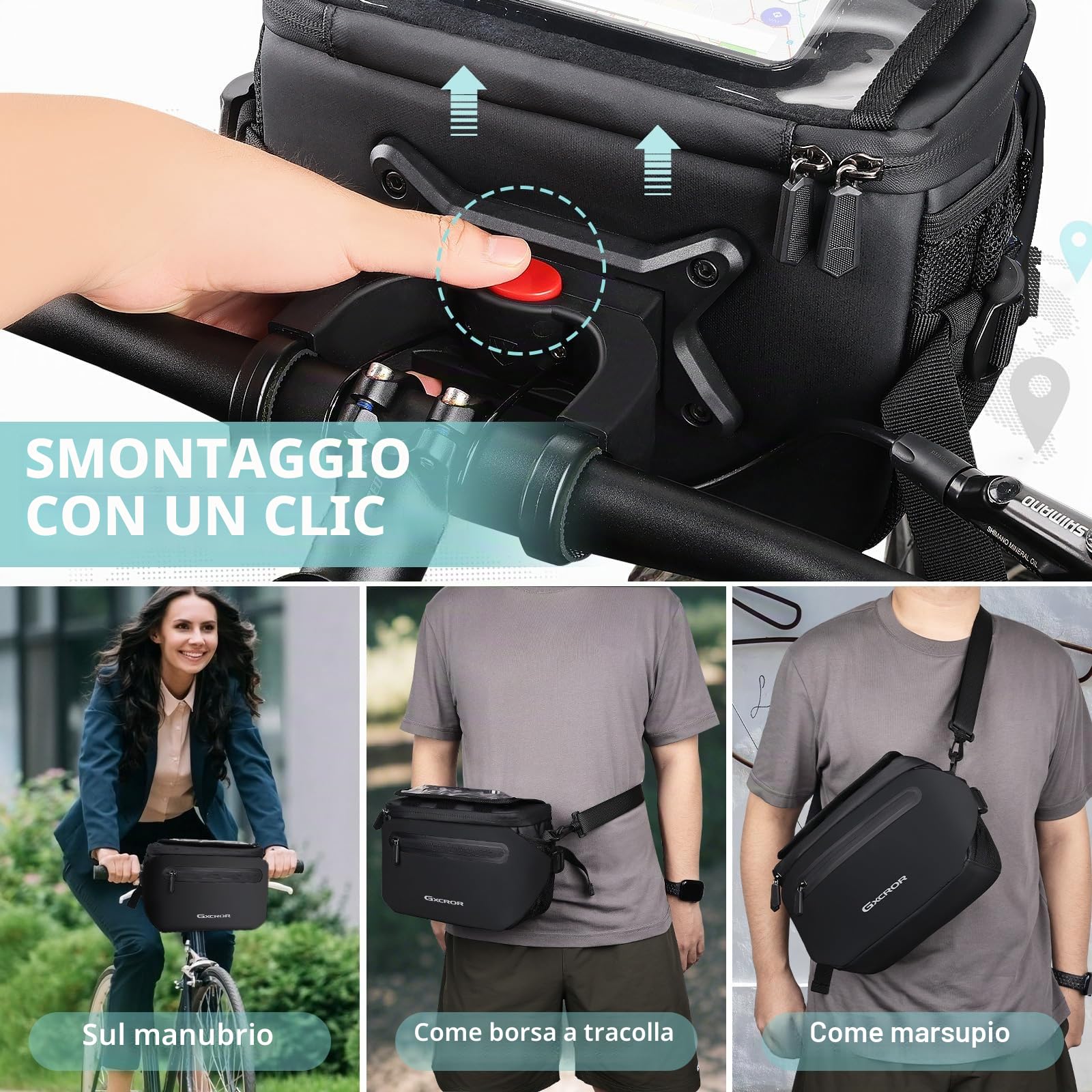 GXCROR Borsa per manubrio da bicicletta 4,7L con rilascio rapido | Supporto stabile per città e trekking | Impermeabile + scomparto per cellulare + portabottiglie