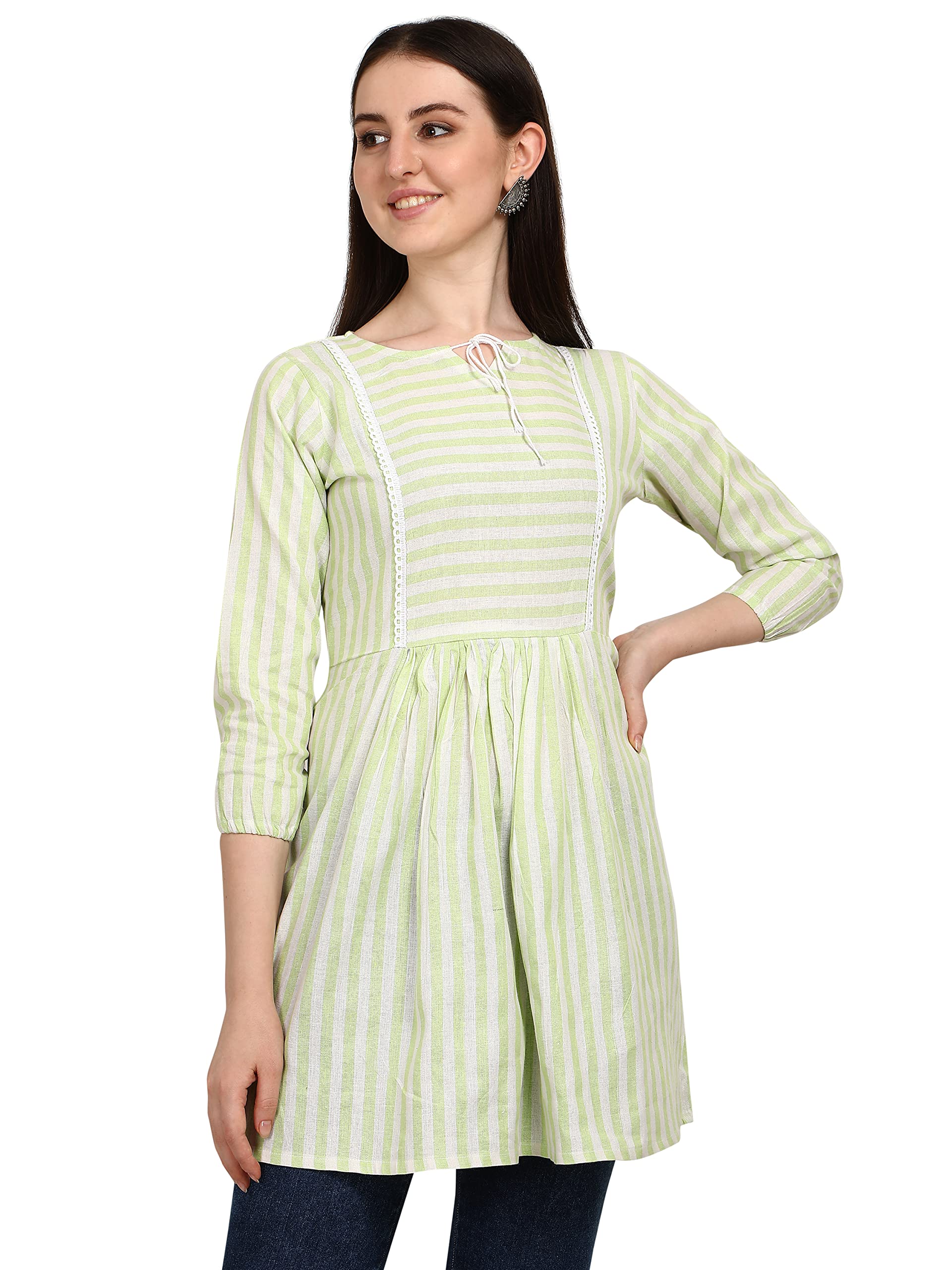 Leriya Fashion Women's Rayon Lining Design Printed Tunic Regular Short Kurti (Large, Light Green)