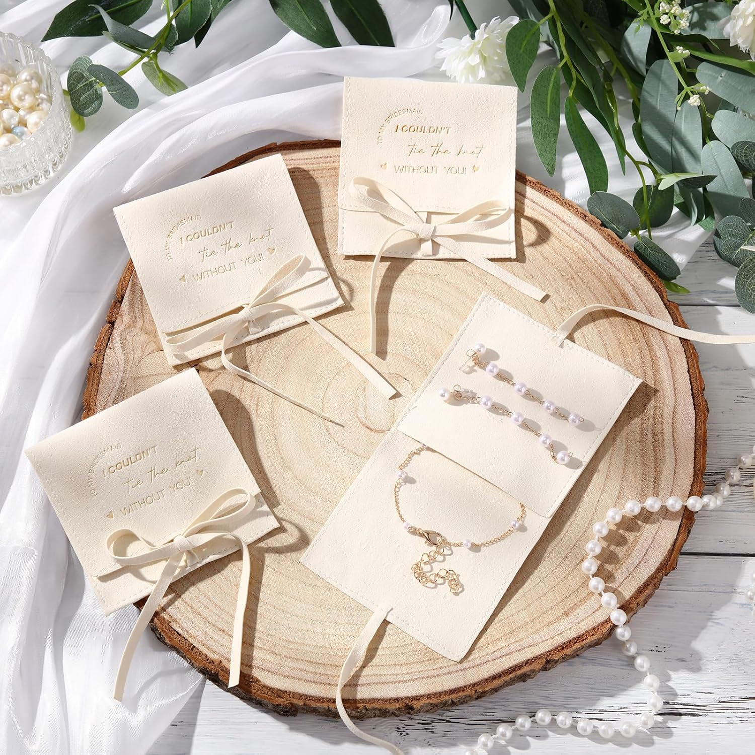 24 Pcs 8 Set Jewelry Bridesmaid Gift Pearl Set Pearl Bracelet & Earrings, Jewelry Pouch with Bow Tie I Couldn't Tie The Knot Without You Wedding Bridal Shower Party Favor - Image 4