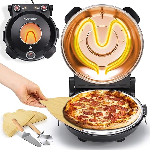 NutriChef Electric Pizza Oven | 12 Inch Countertop Pizza Maker with Temperature Control & Thermometer | Viewing Window for Precise Cooking | Heats up to 800F | Easy to Clean Non-Stick Stone | Black
