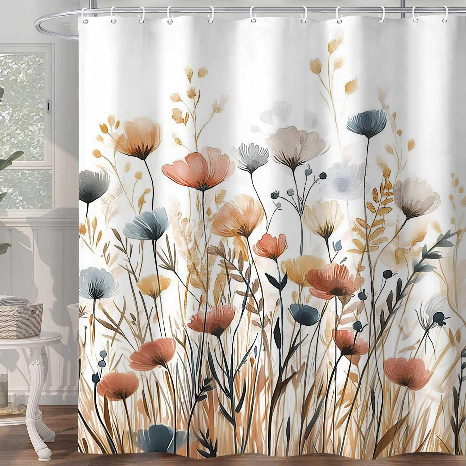 Hjokiupt Floral Shower Curtain,Boho Bright Colorful Watercolor Flower Botanical Bath Curtain, Yellow White Wildflower Plant Cloth Fabric Bathroom