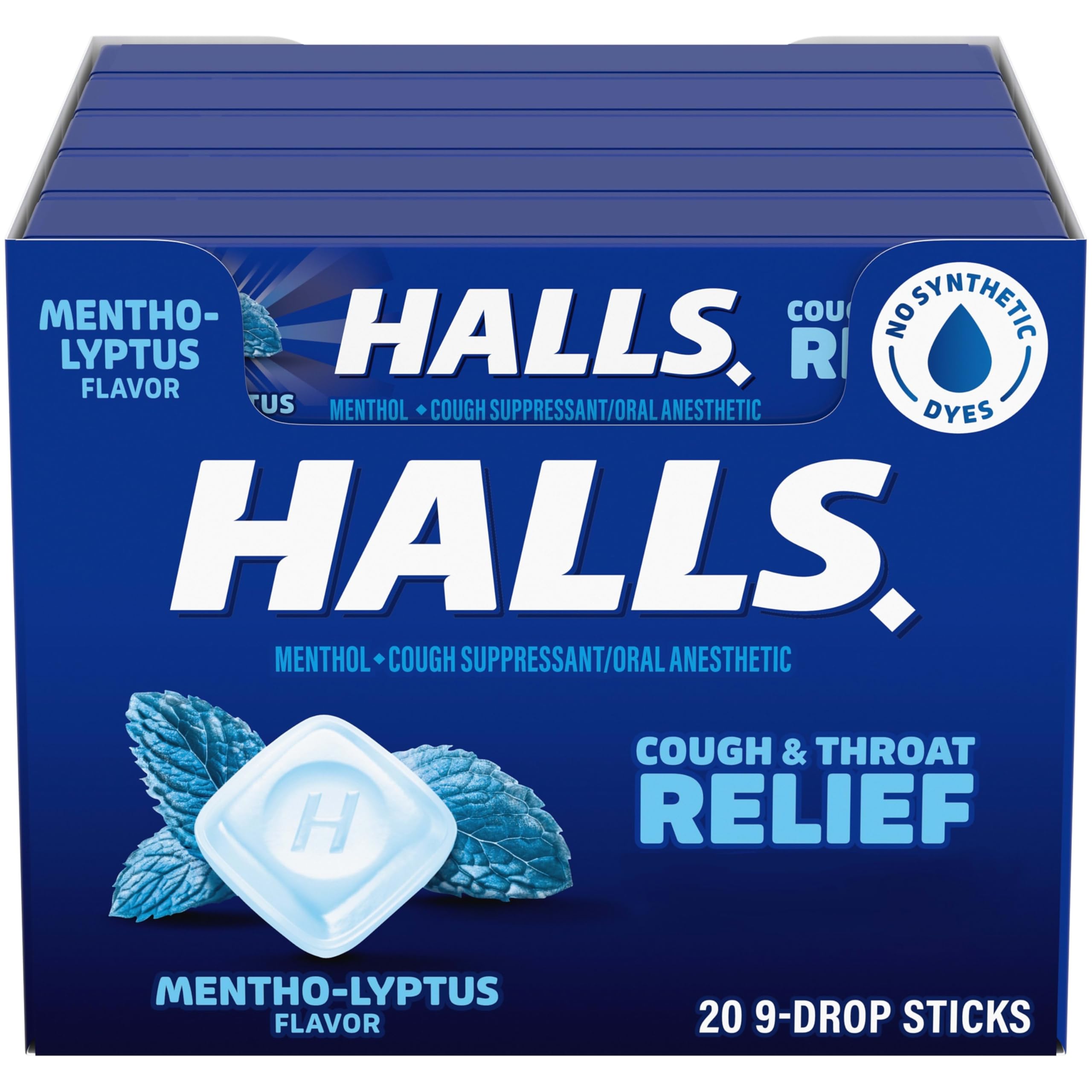 HallsCough and Throat Relief Mentho-Lyptus Cough Drops, 20 Sticks of 9 (180 Total Drops)[Amazon-developed Certification] Compact by Design